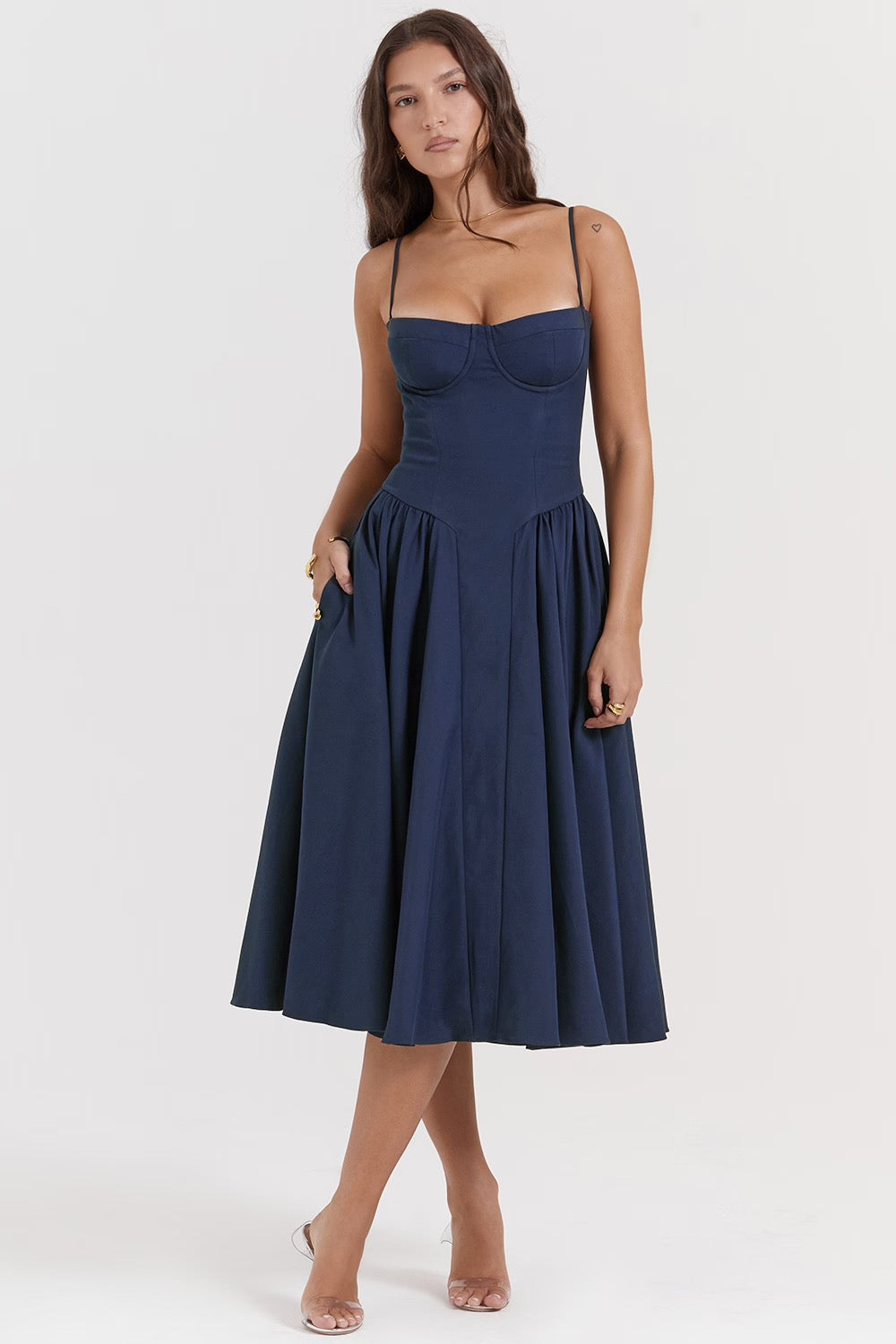 Underwired Sweetheart Corset Midi Dress in Twill Fabric for Evening Wear