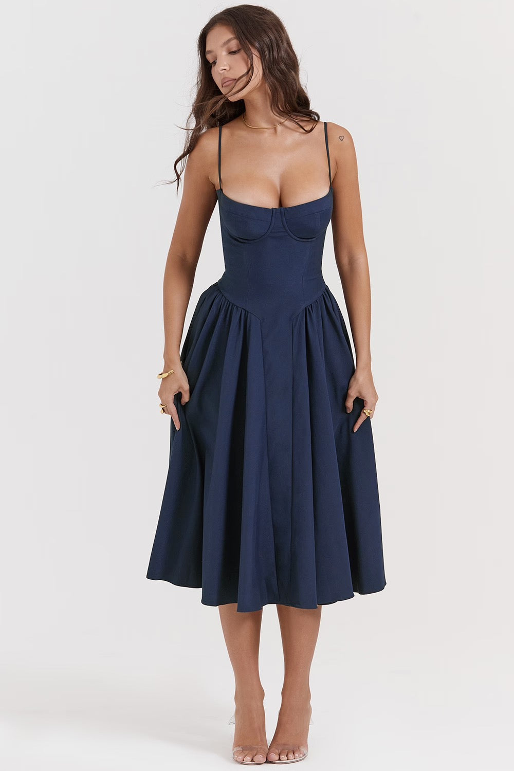 Underwired Sweetheart Corset Midi Dress in Twill Fabric for Evening Wear