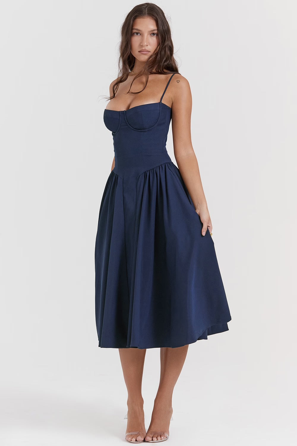 Underwired Sweetheart Corset Midi Dress in Twill Fabric for Evening Wear