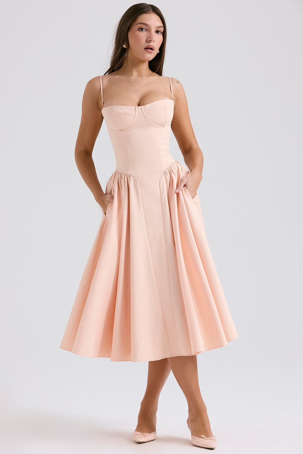 Underwired Sweetheart Corset Midi Dress in Twill Fabric for Evening Wear