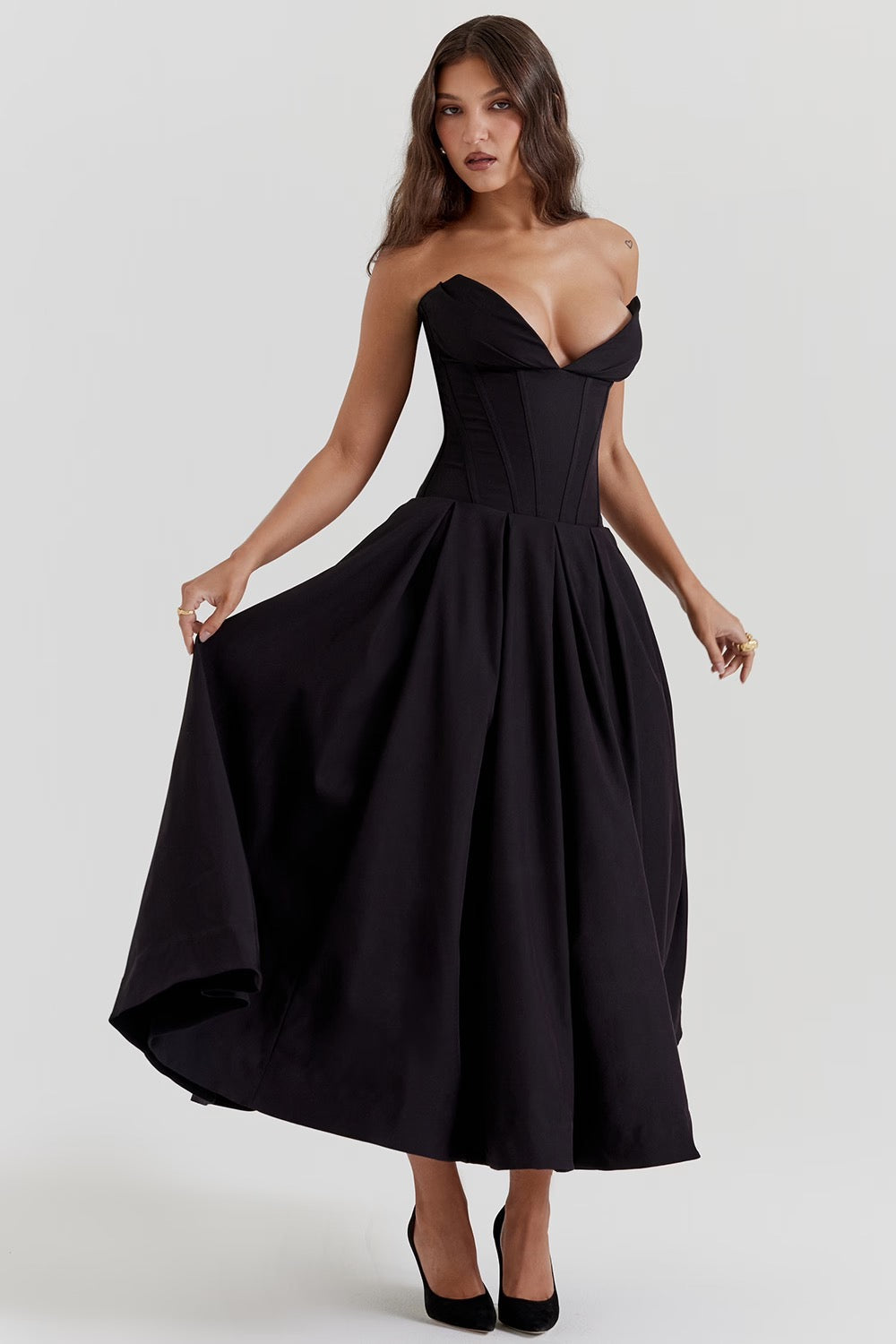 Pleated Boned Corset Midi Dress | Romantic Silhouette for Special Occasions