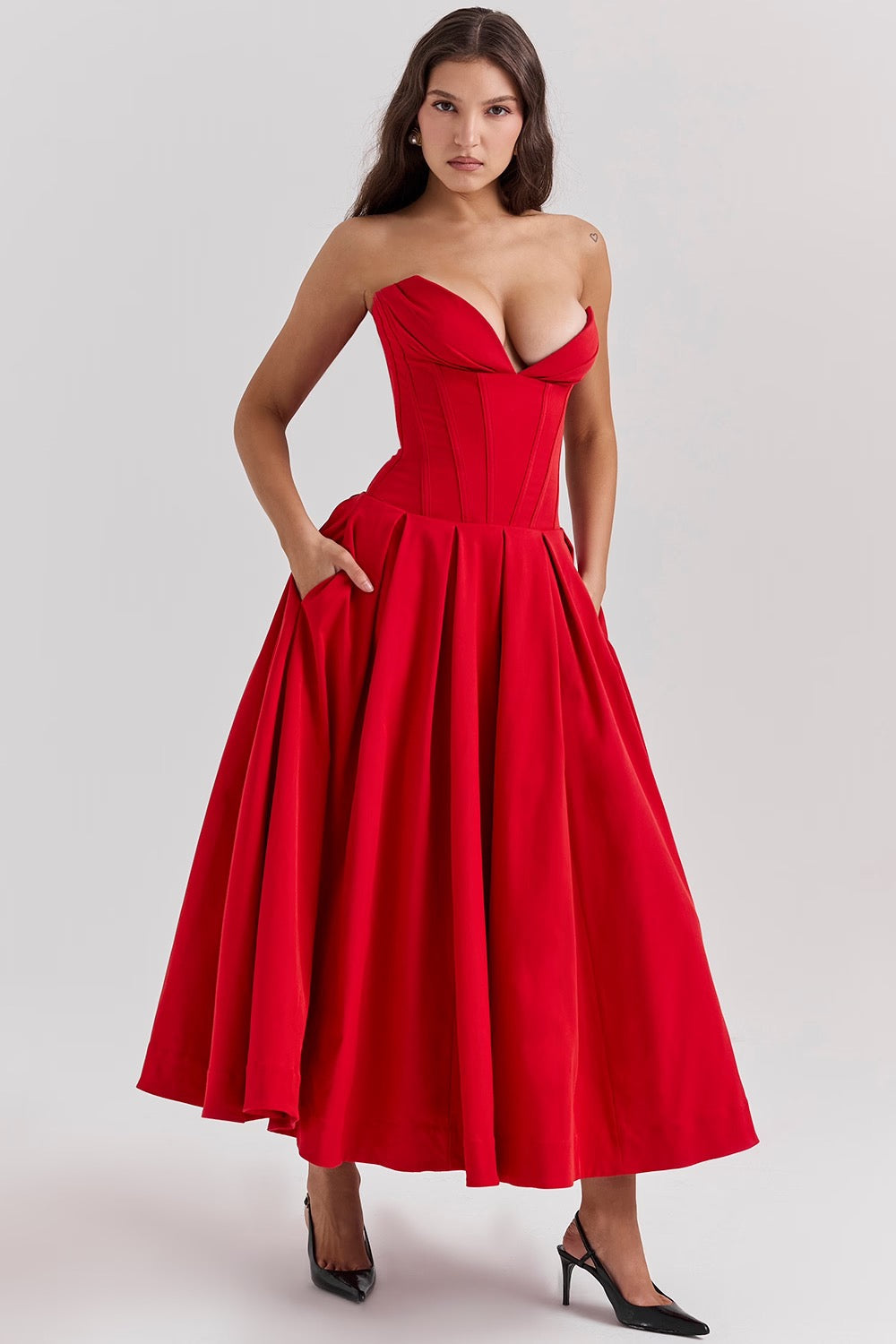 Pleated Boned Corset Midi Dress | Romantic Silhouette for Special Occasions