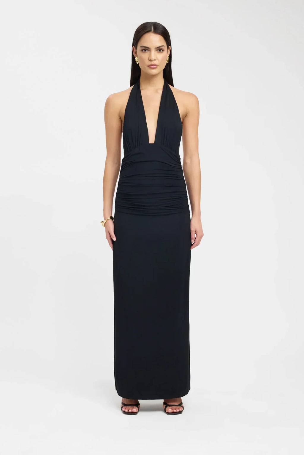 Open Back Ruched Plunging Maxi Dress for Women - Elegant Evening Wear