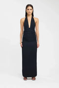 Open Back Ruched Plunging Maxi Dress for Women - Elegant Evening Wear