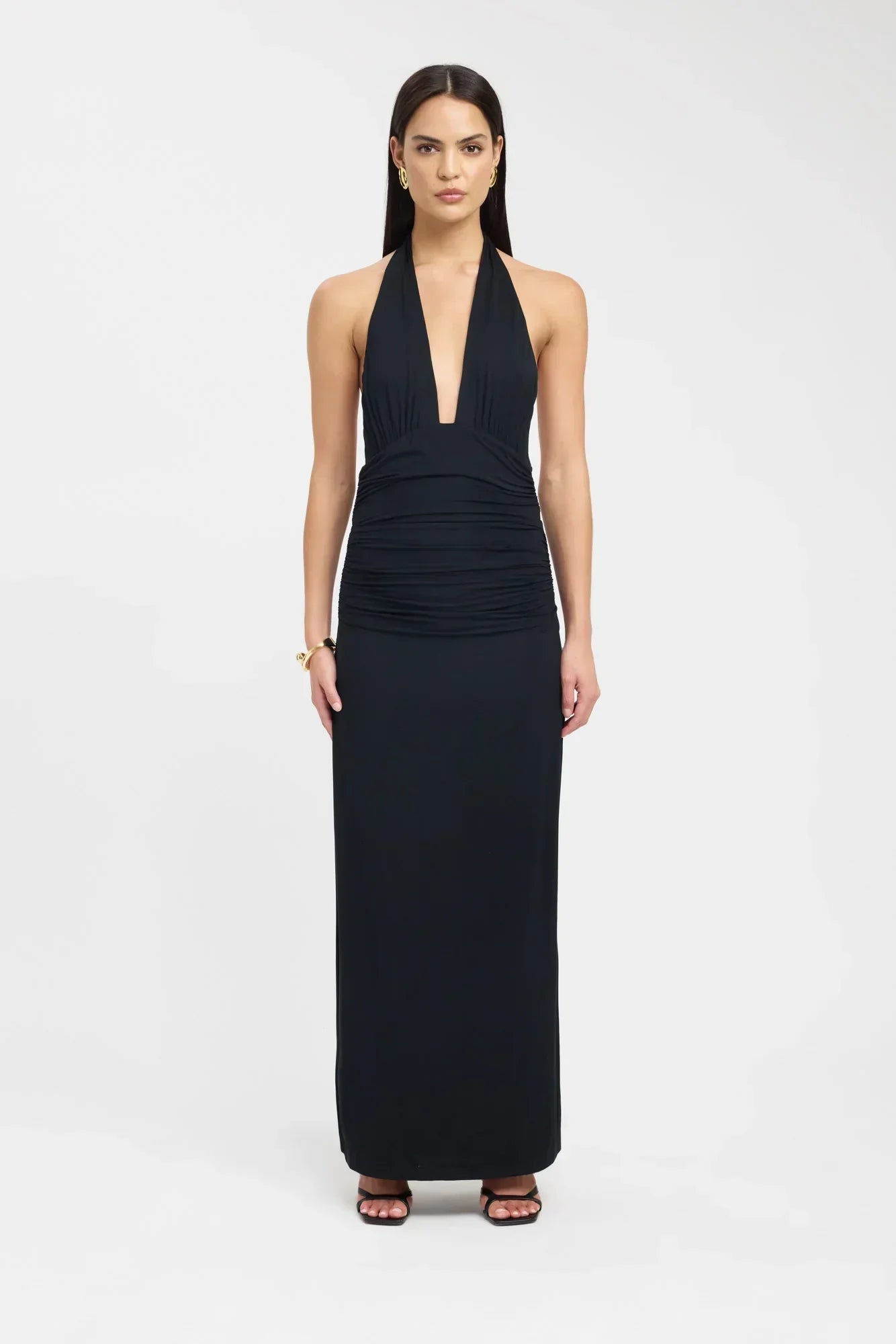 Open Back Ruched Plunging Maxi Dress for Women - Elegant Evening Wear
