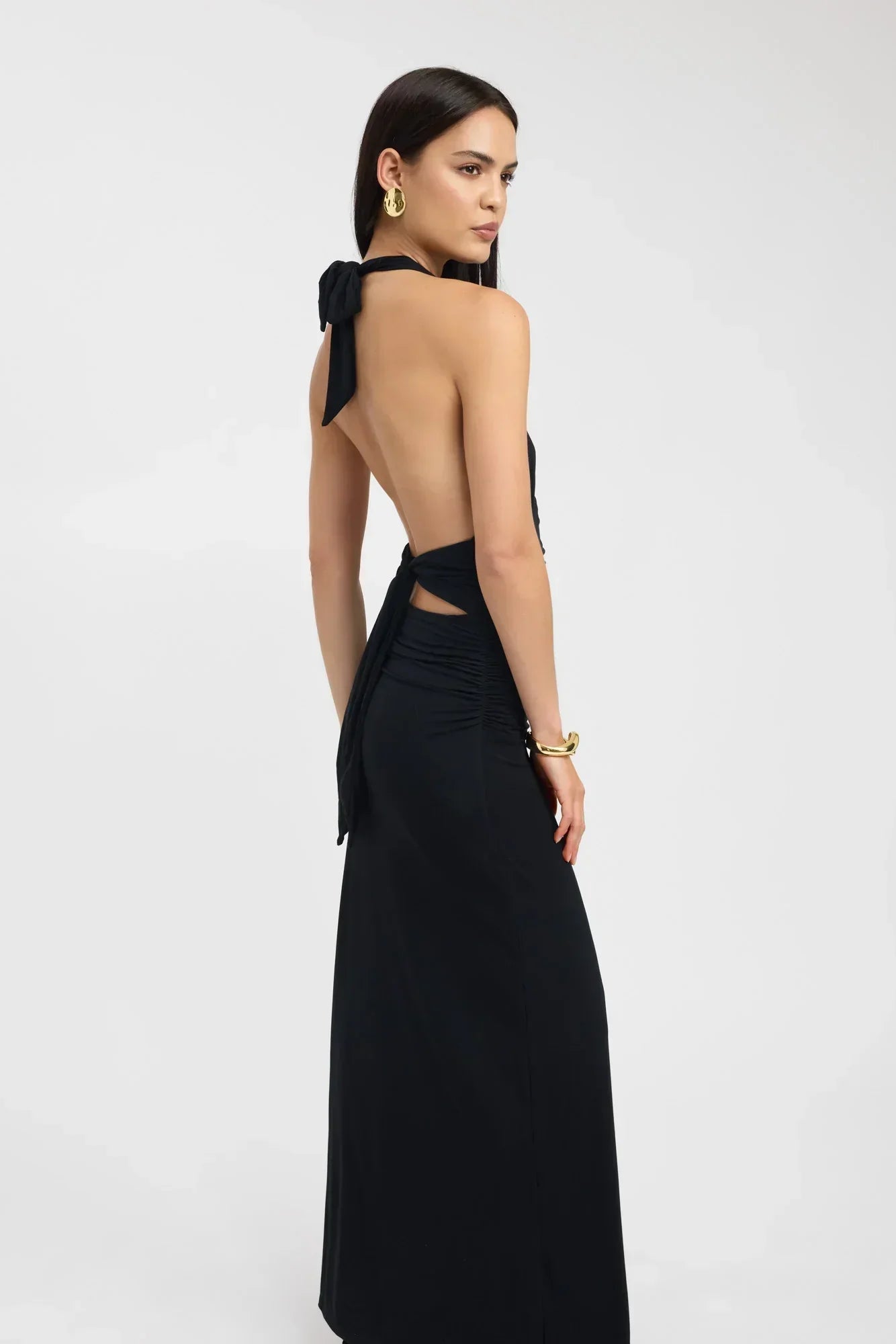 Open Back Ruched Plunging Maxi Dress for Women - Elegant Evening Wear