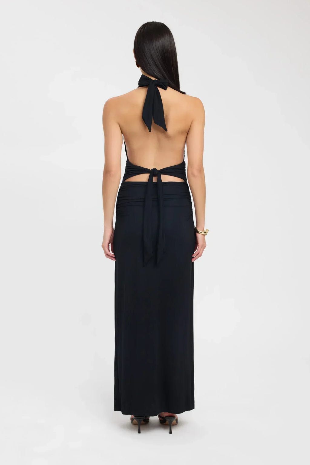 Open Back Ruched Plunging Maxi Dress for Women - Elegant Evening Wear