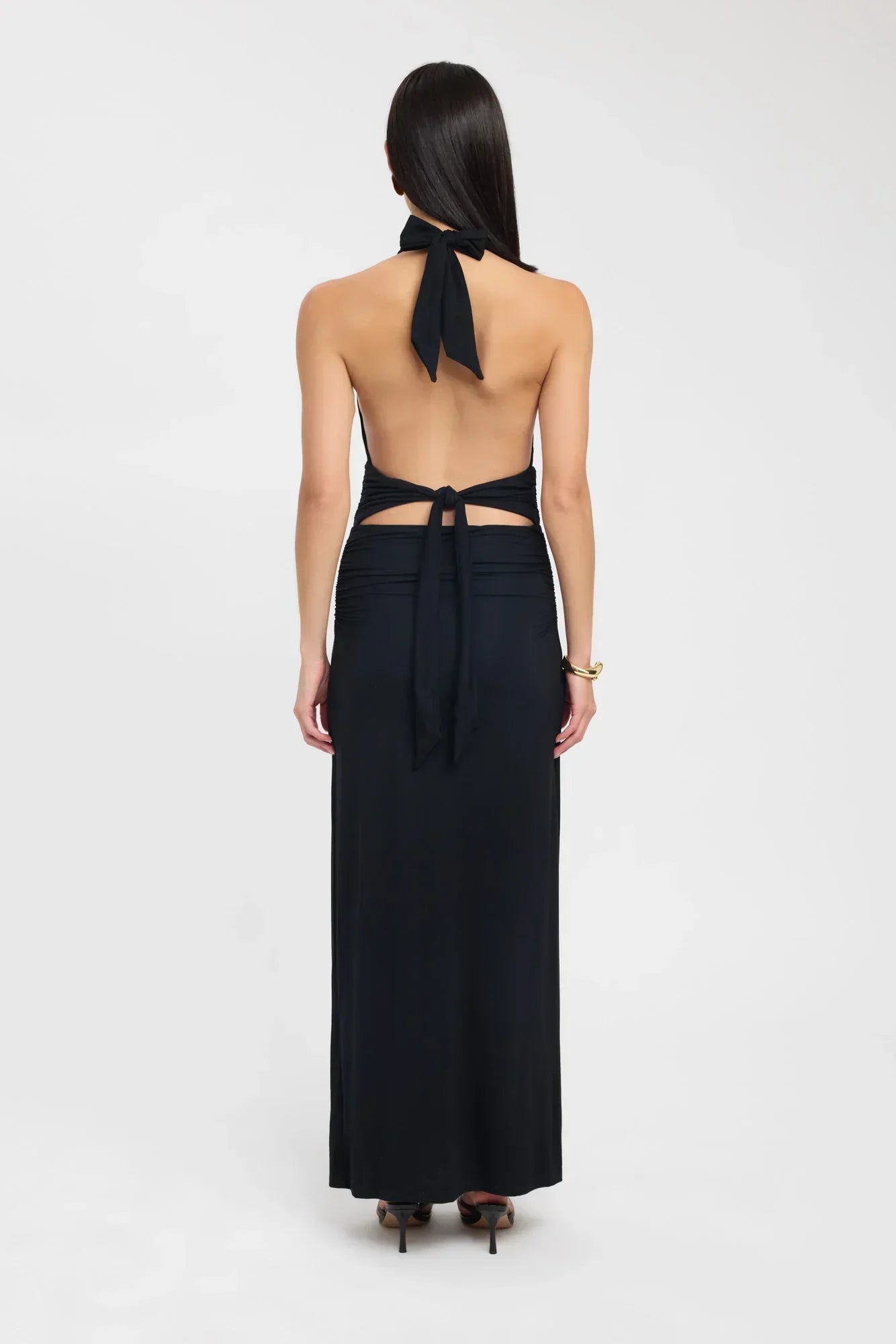 Open Back Ruched Plunging Maxi Dress for Women - Elegant Evening Wear