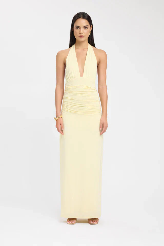 Open Back Ruched Plunging Maxi Dress for Women - Elegant Evening Wear