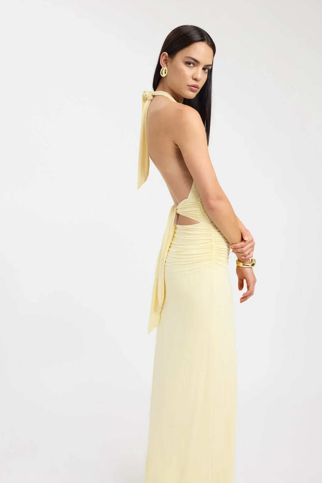Open Back Ruched Plunging Maxi Dress for Women - Elegant Evening Wear