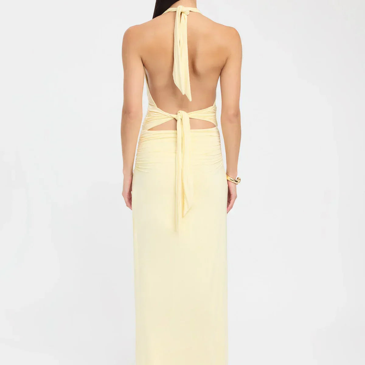 Open Back Ruched Plunging Maxi Dress for Women - Elegant Evening Wear