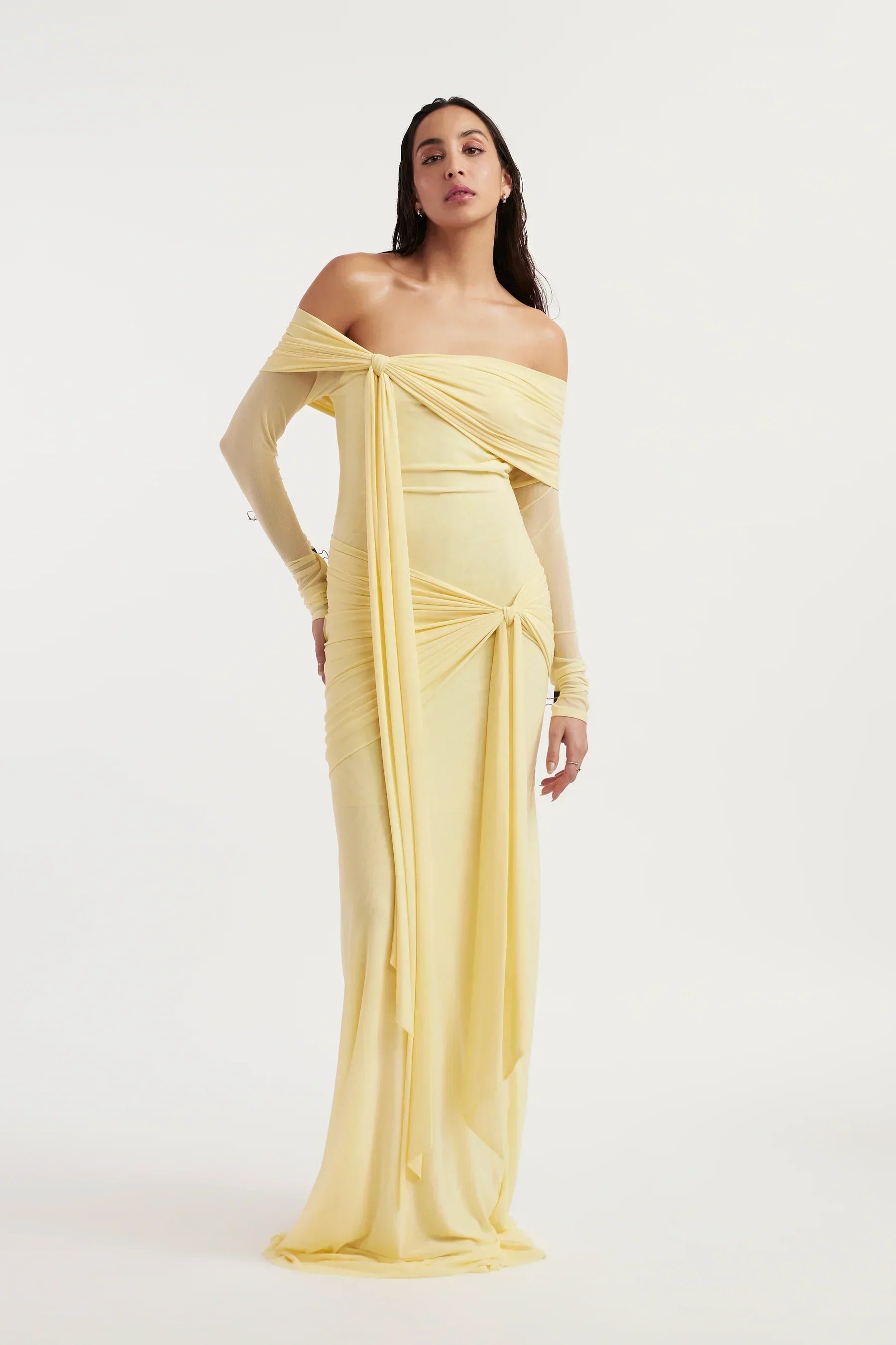 Off-The-Shoulder Mesh Drape Maxi Dress for Evening Events and Formal Occasions