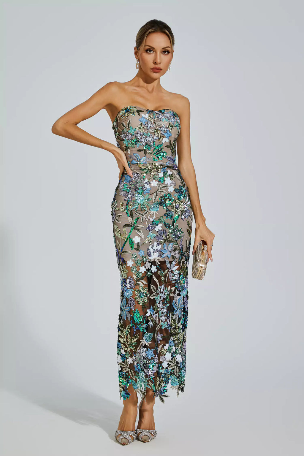 Embroidered Floral Bodycon Maxi Dress in Elegant Blue