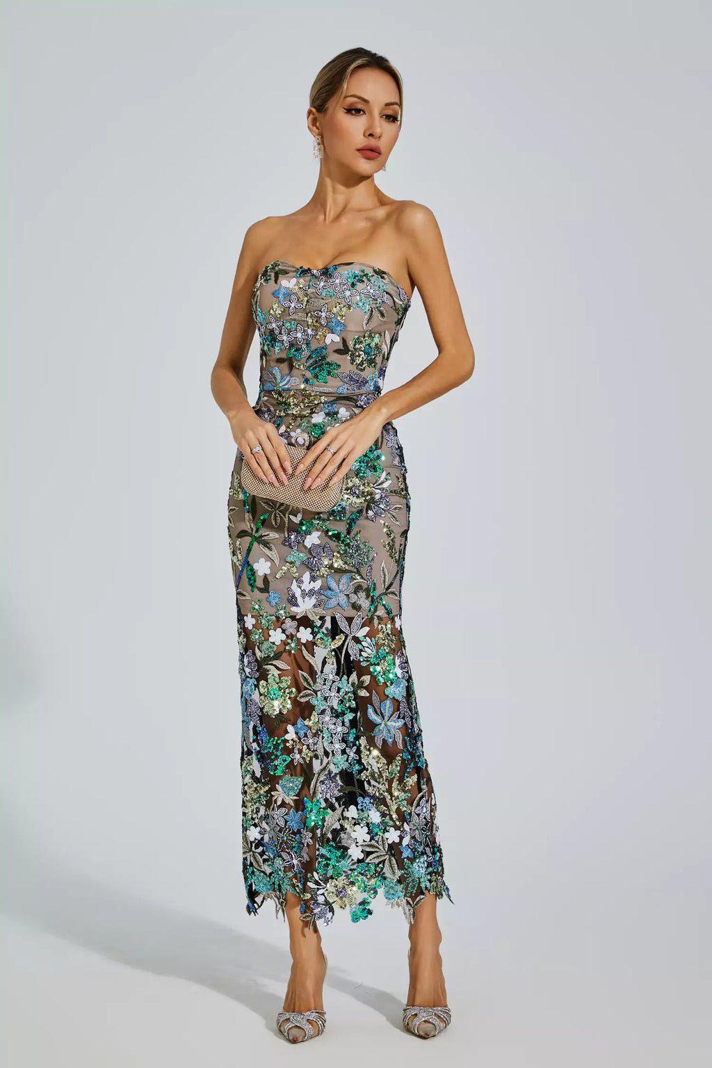 Embroidered Floral Bodycon Maxi Dress in Elegant Blue