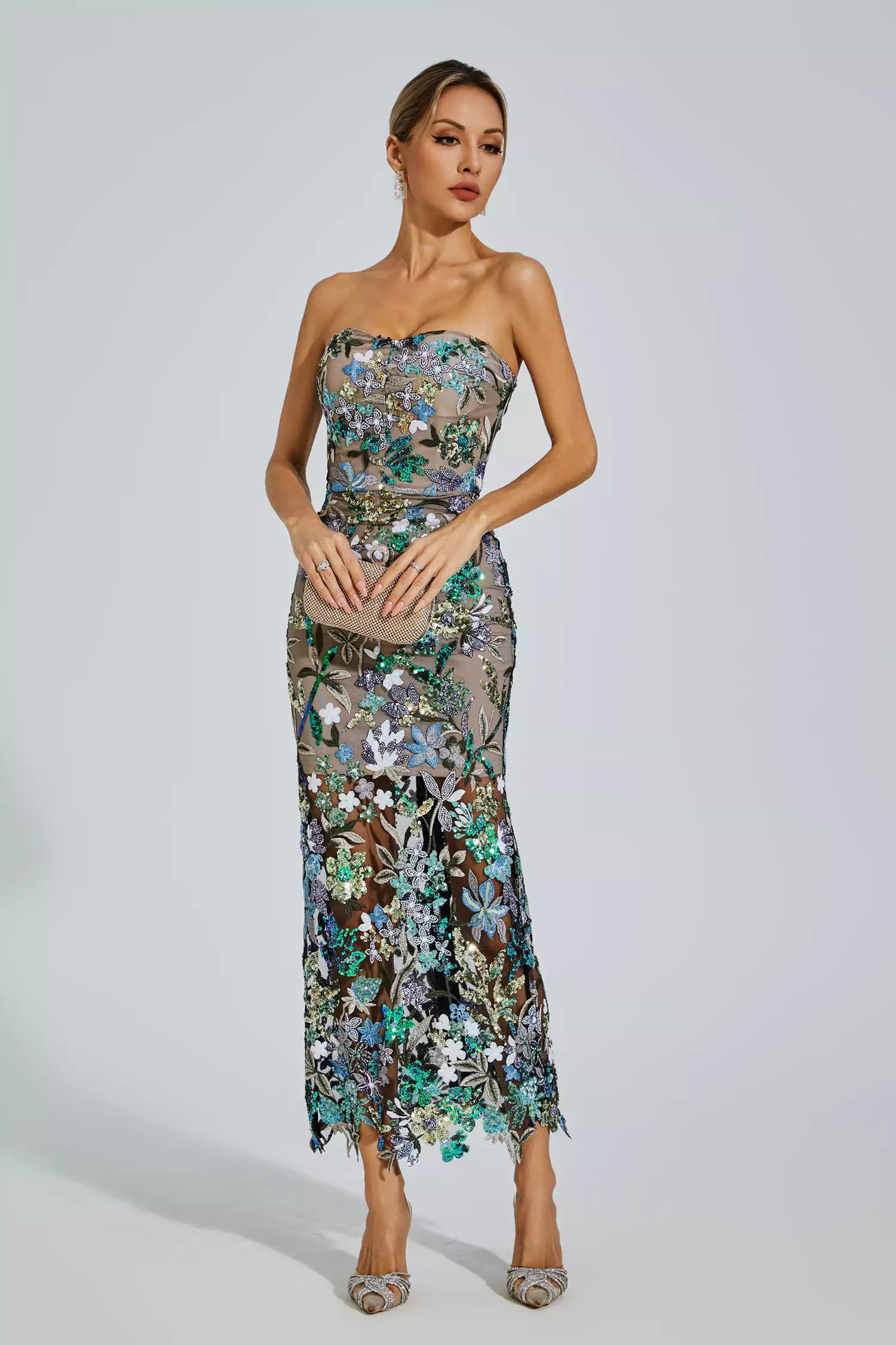 Embroidered Floral Bodycon Maxi Dress in Elegant Blue