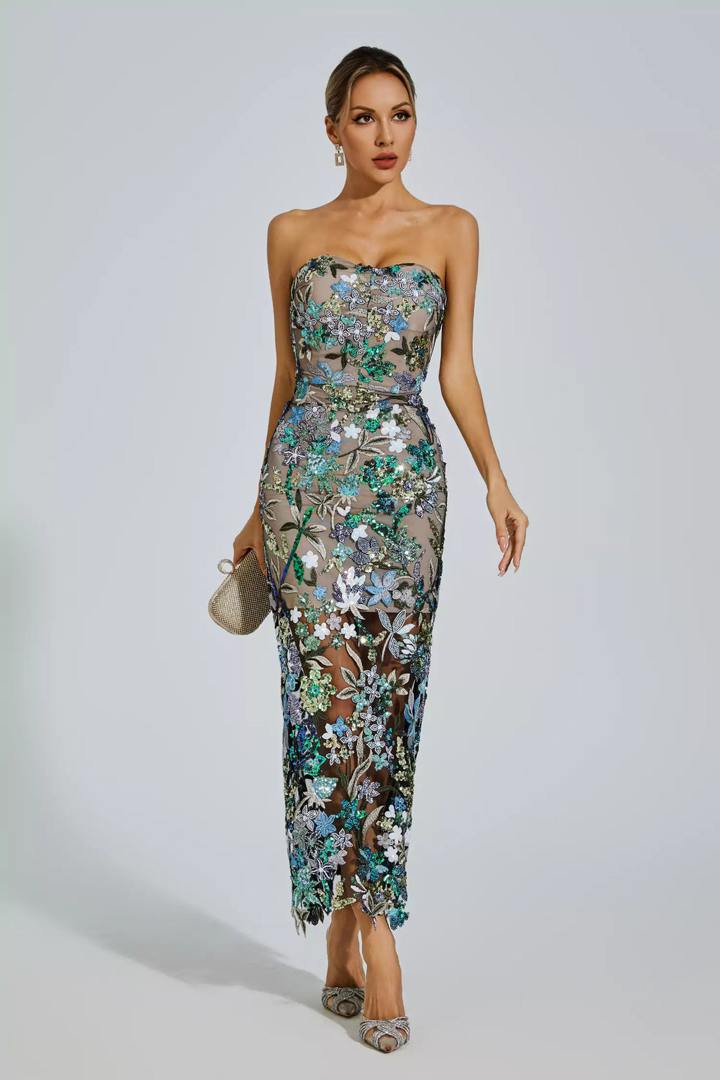 Embroidered Floral Bodycon Maxi Dress in Elegant Blue