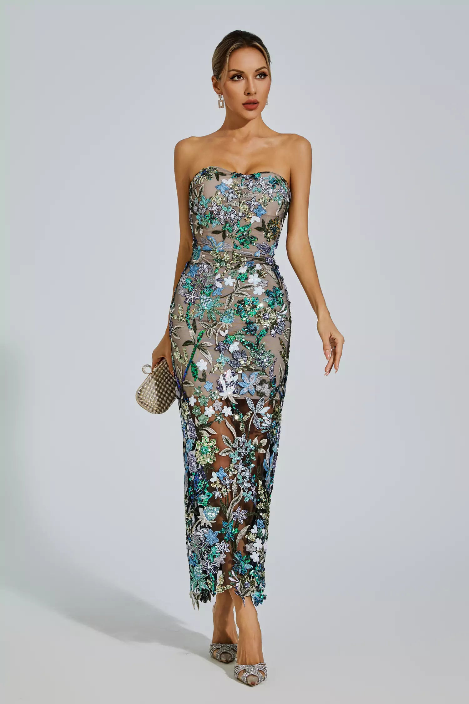 Embroidered Floral Bodycon Maxi Dress in Elegant Blue