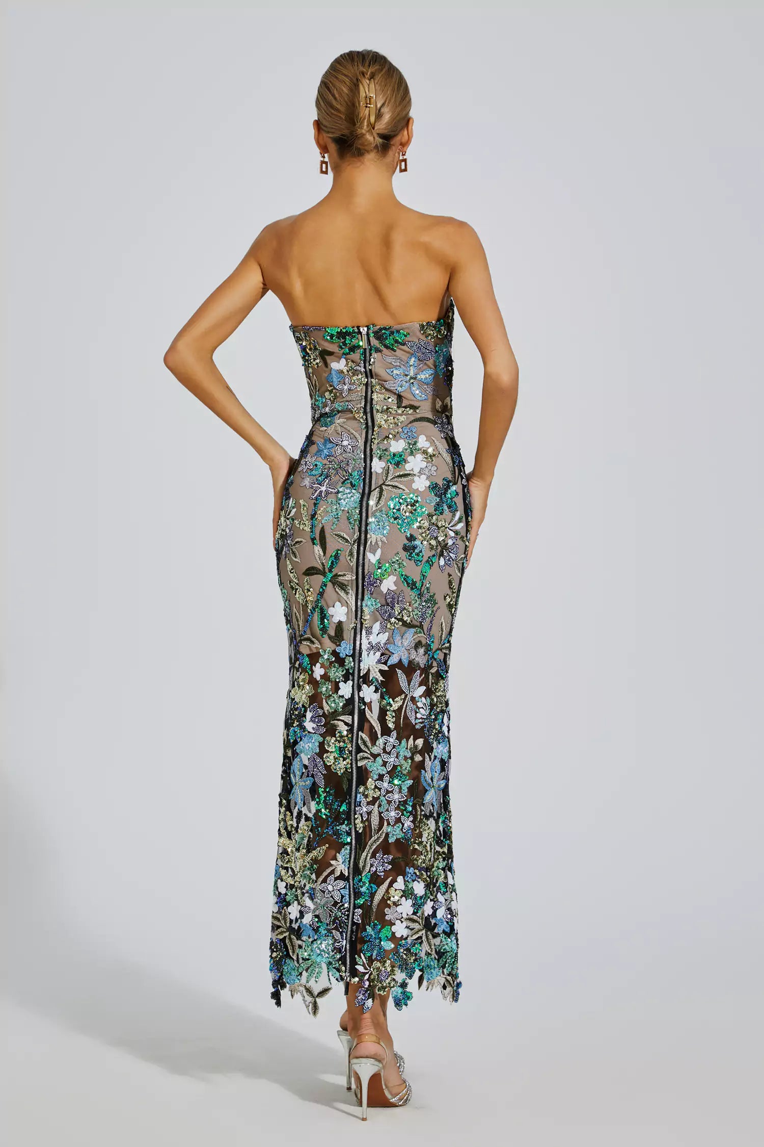 Embroidered Floral Bodycon Maxi Dress in Elegant Blue