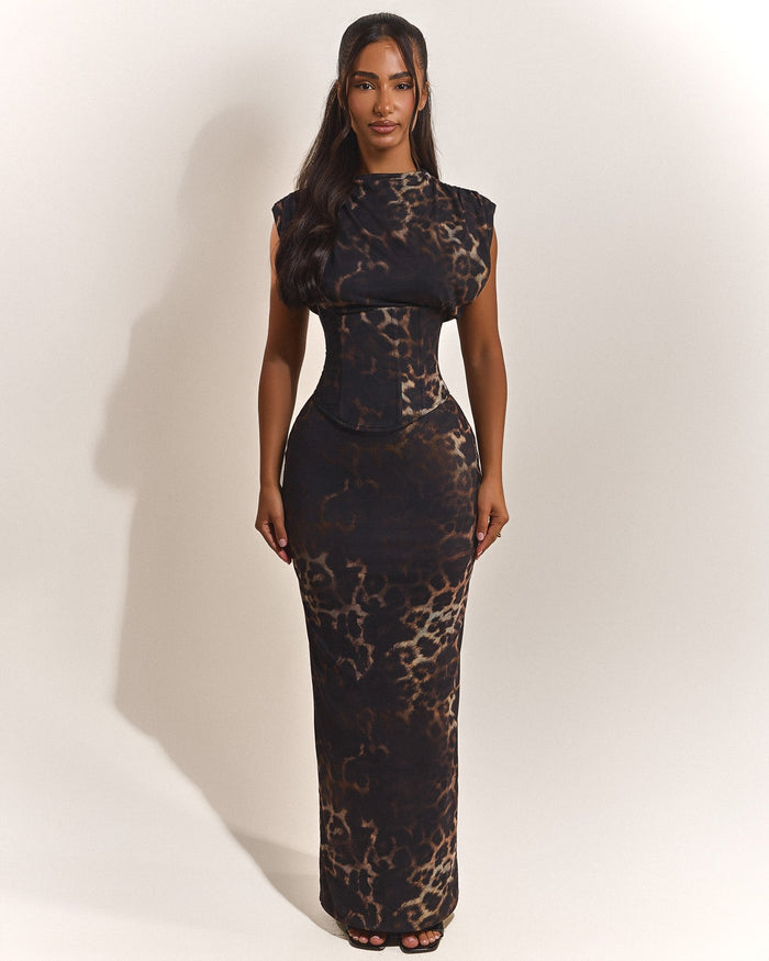 Leopard Print High Neck Maxi Dress – Elegant Casual Evening Wear