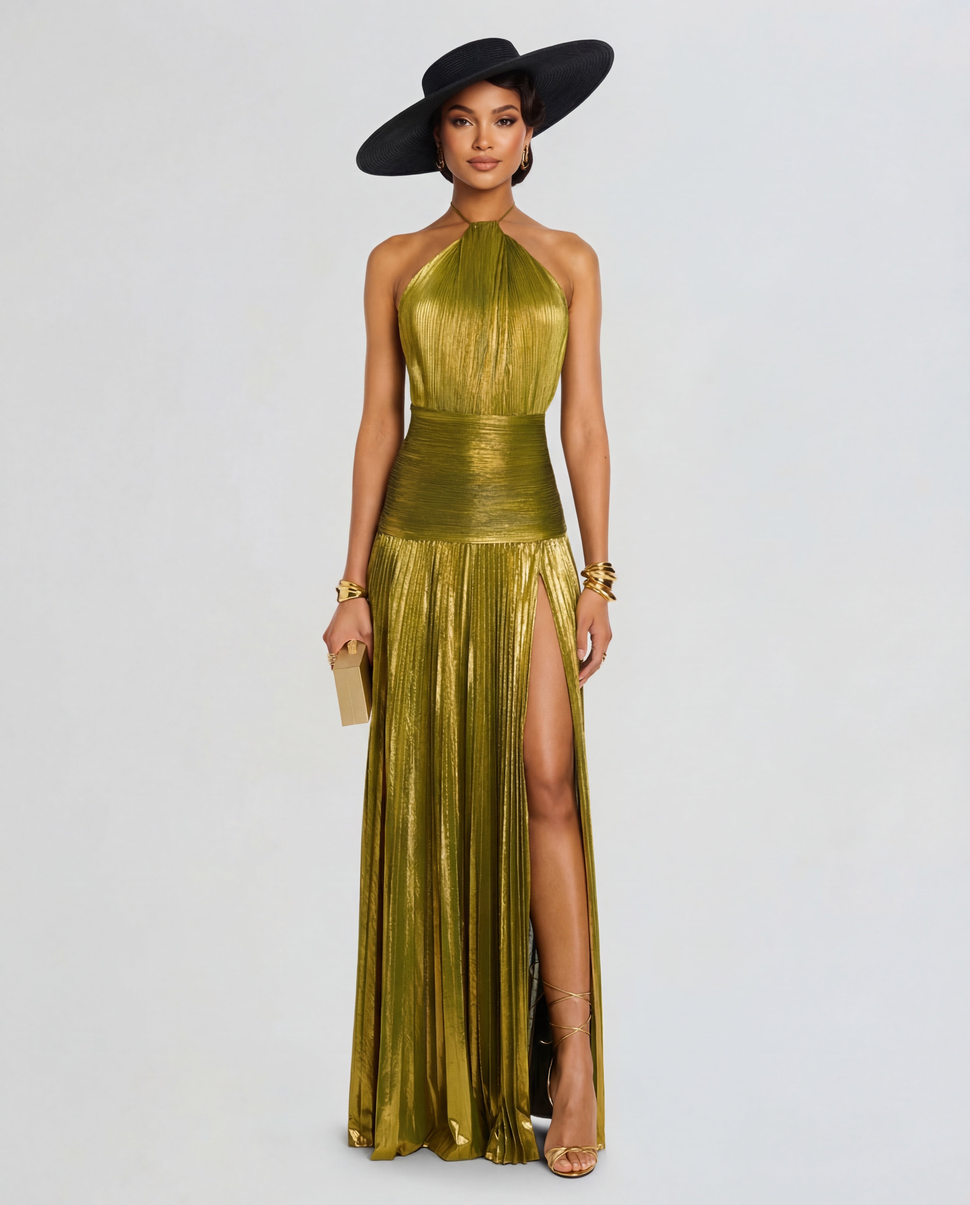 Luminous Metallic Halter Maxi Dress for Evening Events and Special Occasions