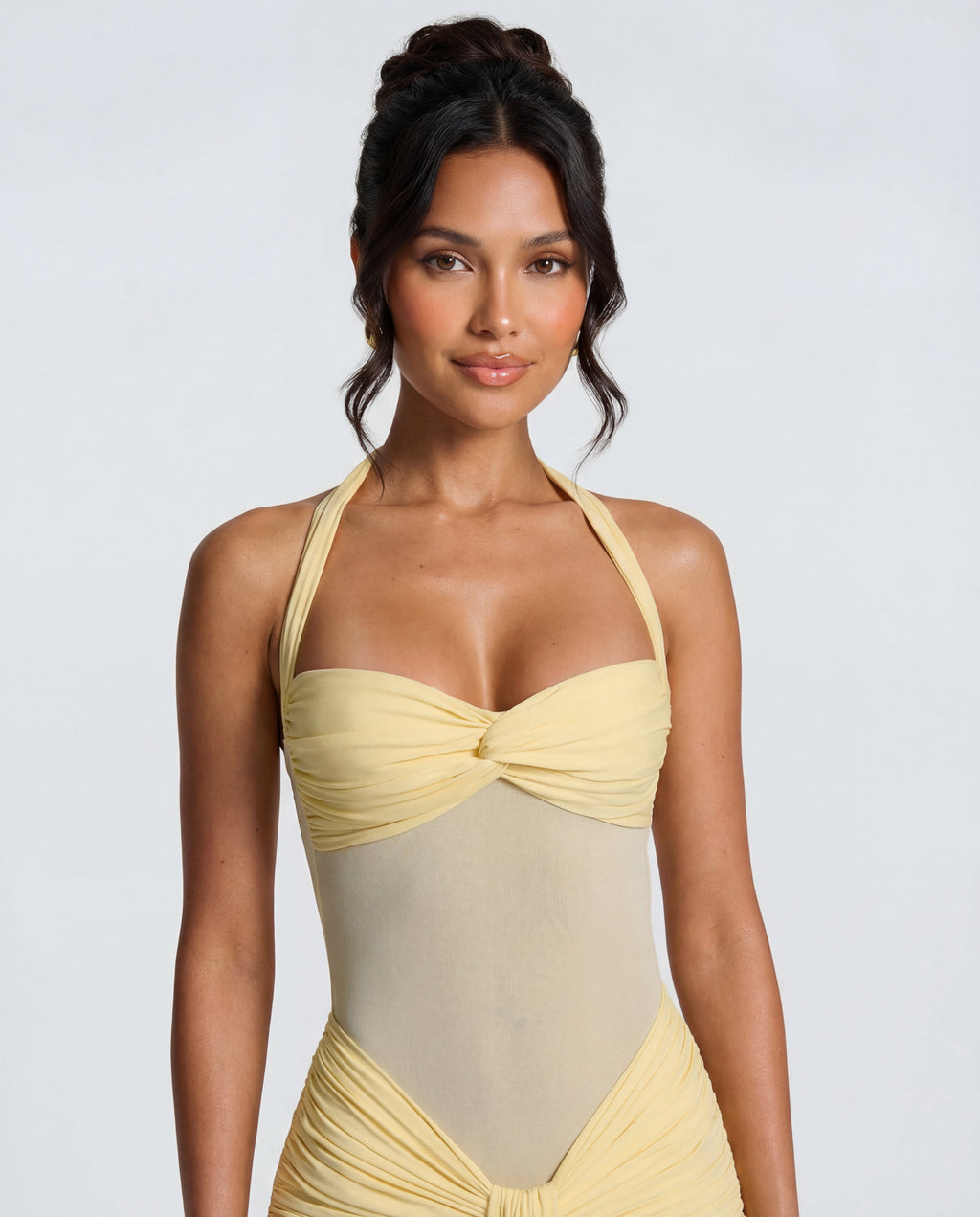 Yellow Halter Neck Ruched Maxi Dress | Elegant Summer Evening Wear