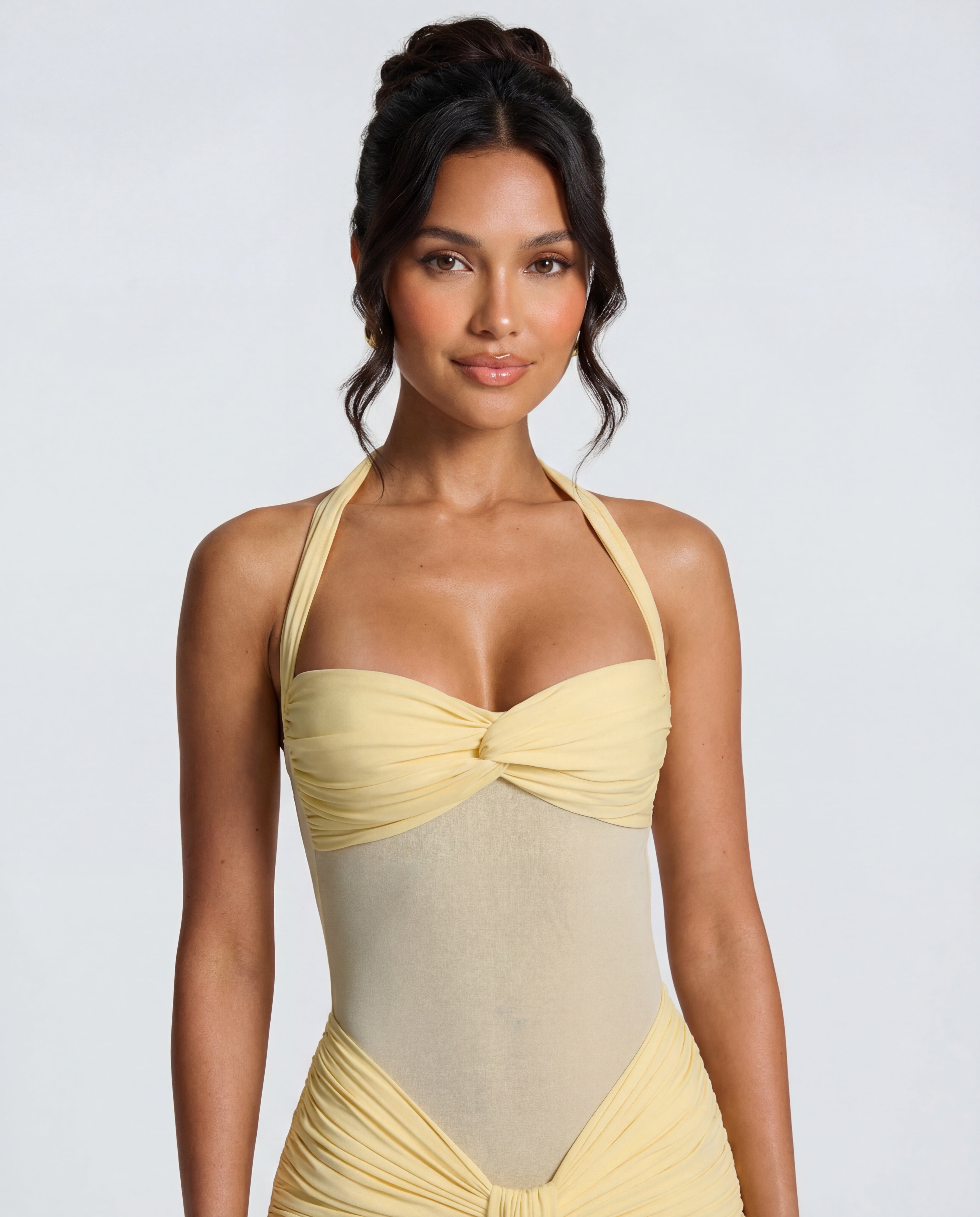 Yellow Halter Neck Ruched Maxi Dress | Elegant Summer Evening Wear