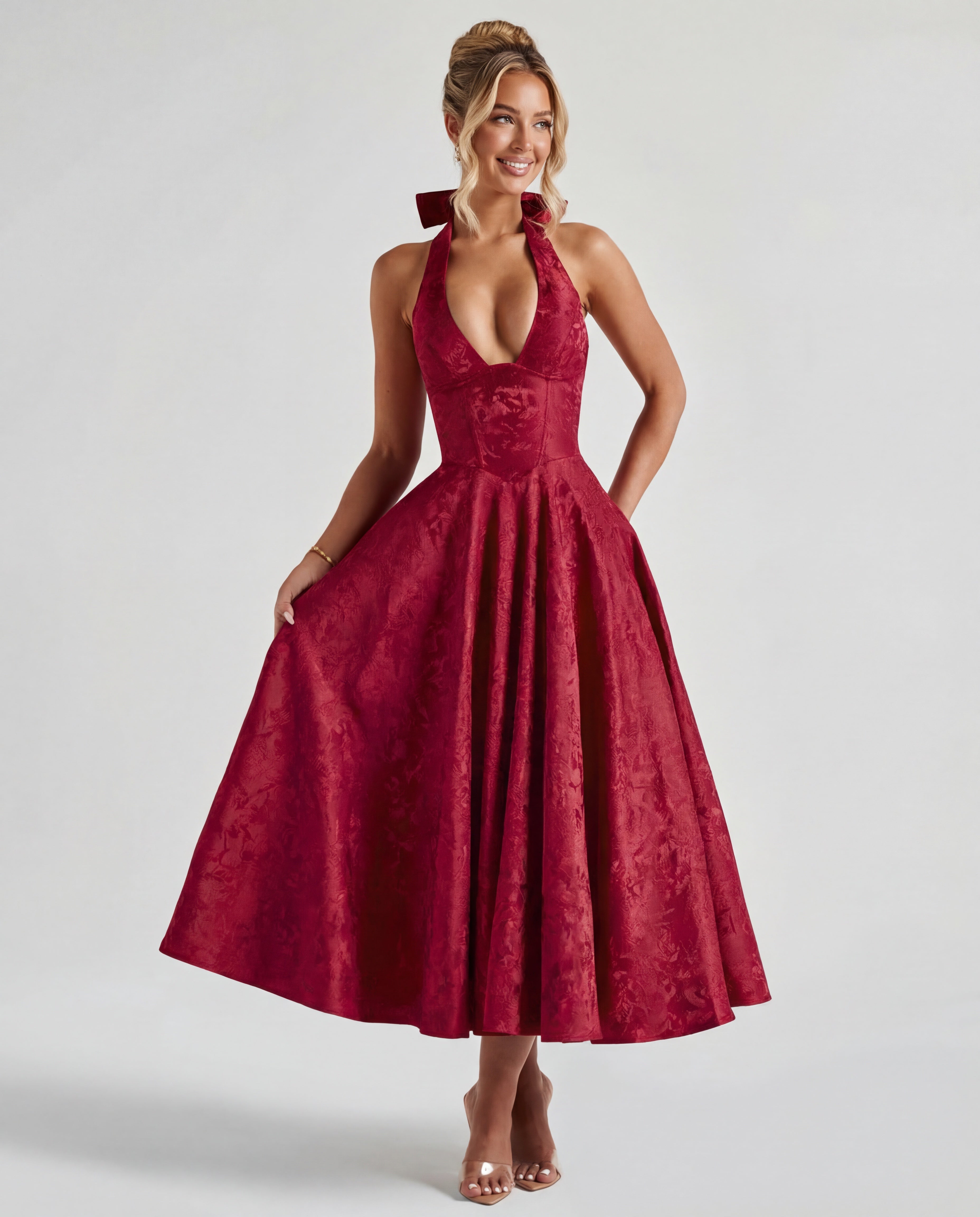 Halterneck Textured Jacquard Midi Dress for Evening Events