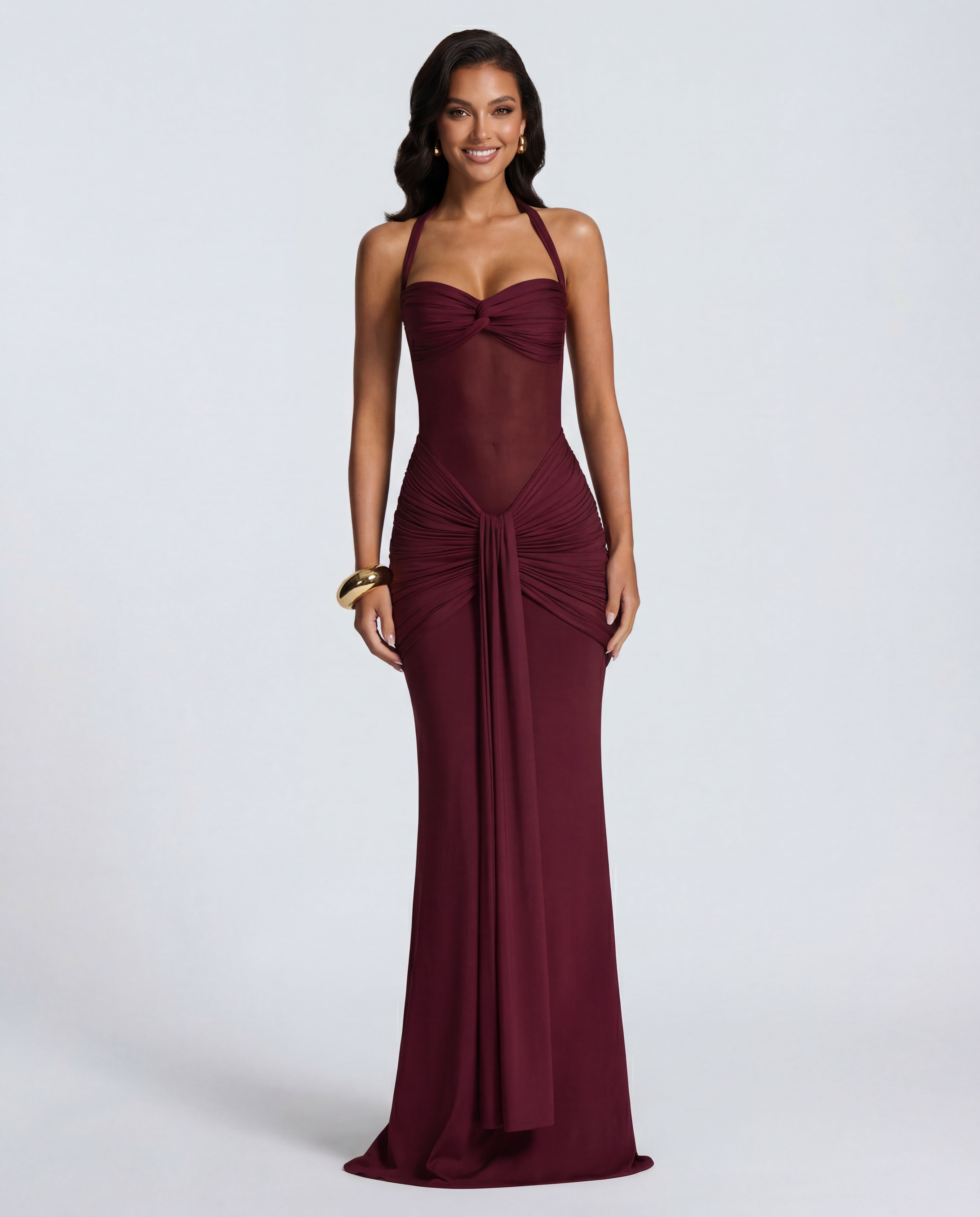 Yellow Halter Neck Ruched Maxi Dress | Elegant Summer Evening Wear