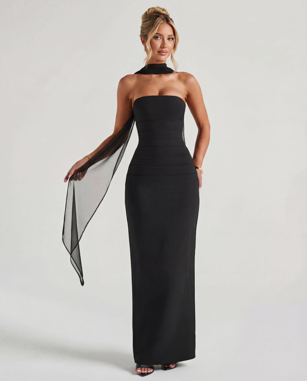 Strapless Maxi Dress with Removable Mesh Scarf - Sculpting Evening Wear