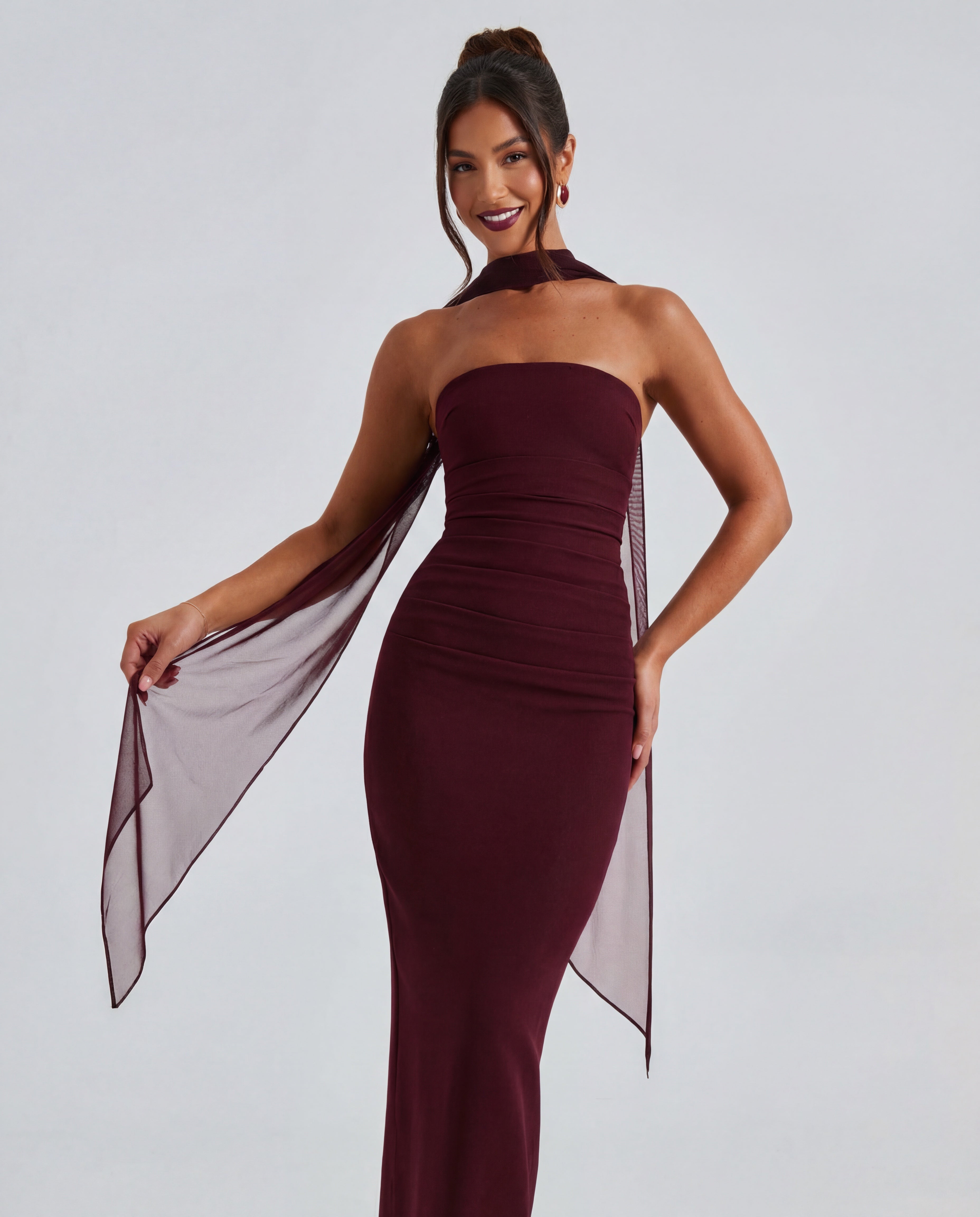 Strapless Maxi Dress with Removable Mesh Scarf - Sculpting Evening Wear