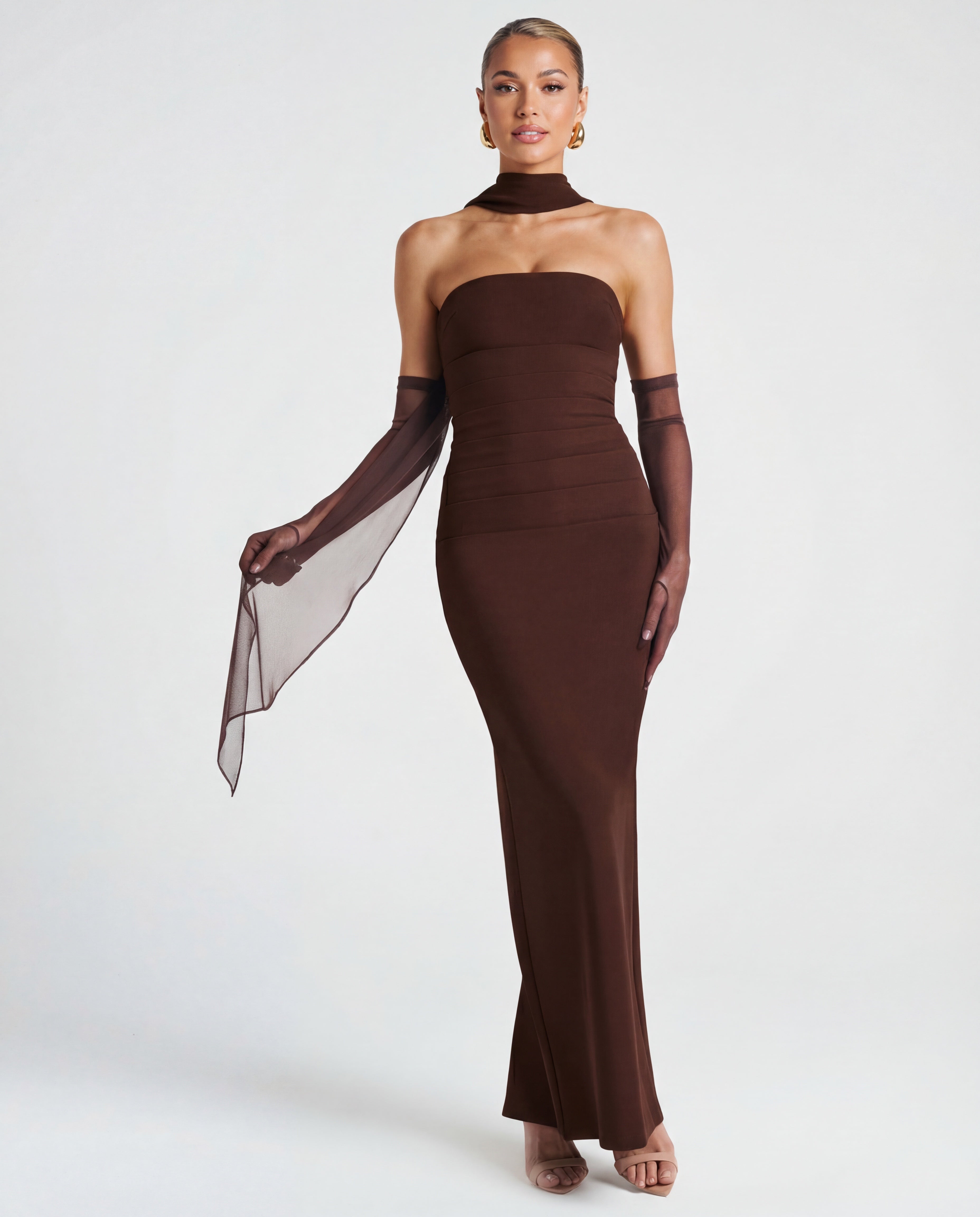 Strapless Maxi Dress with Removable Mesh Scarf - Sculpting Evening Wear
