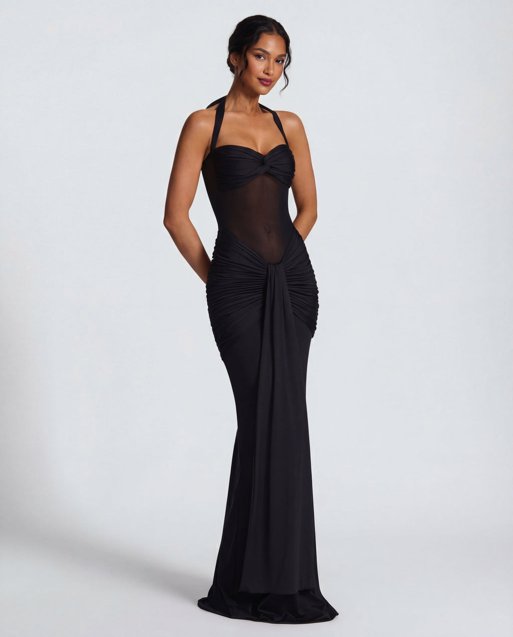 Yellow Halter Neck Ruched Maxi Dress | Elegant Summer Evening Wear