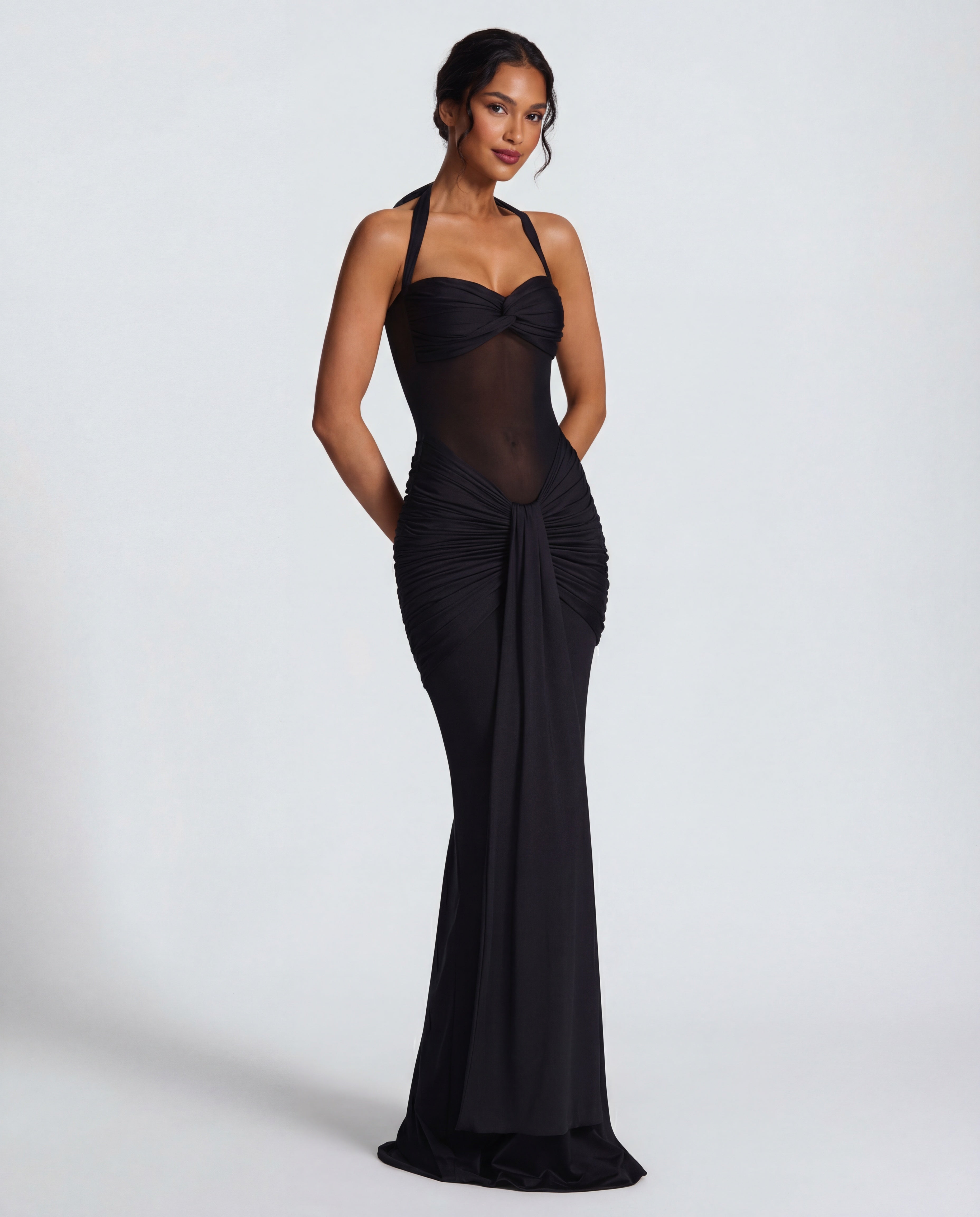 Yellow Halter Neck Ruched Maxi Dress | Elegant Summer Evening Wear