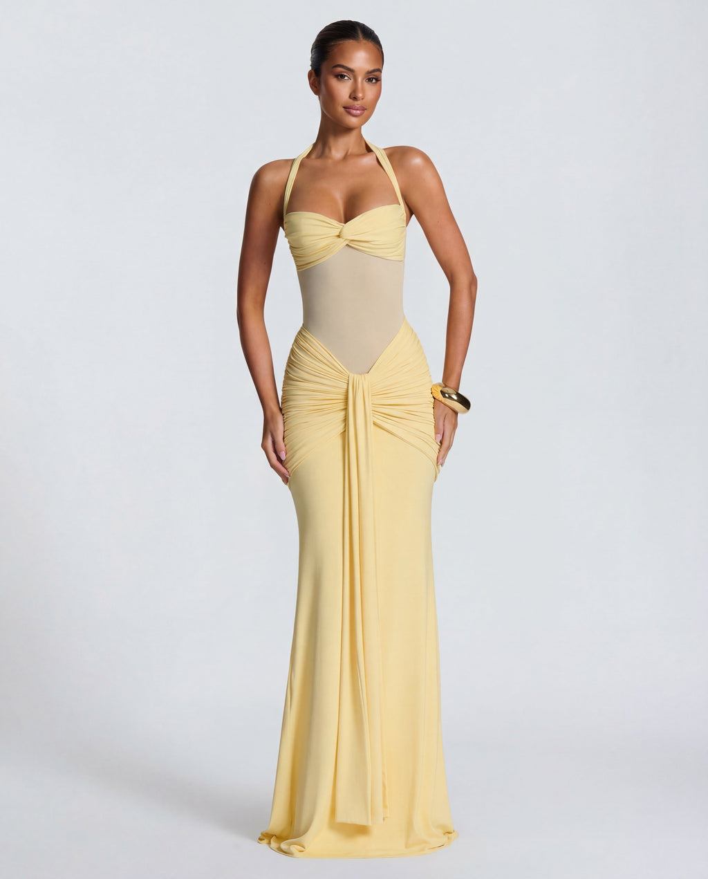 Yellow Halter Neck Ruched Maxi Dress | Elegant Summer Evening Wear