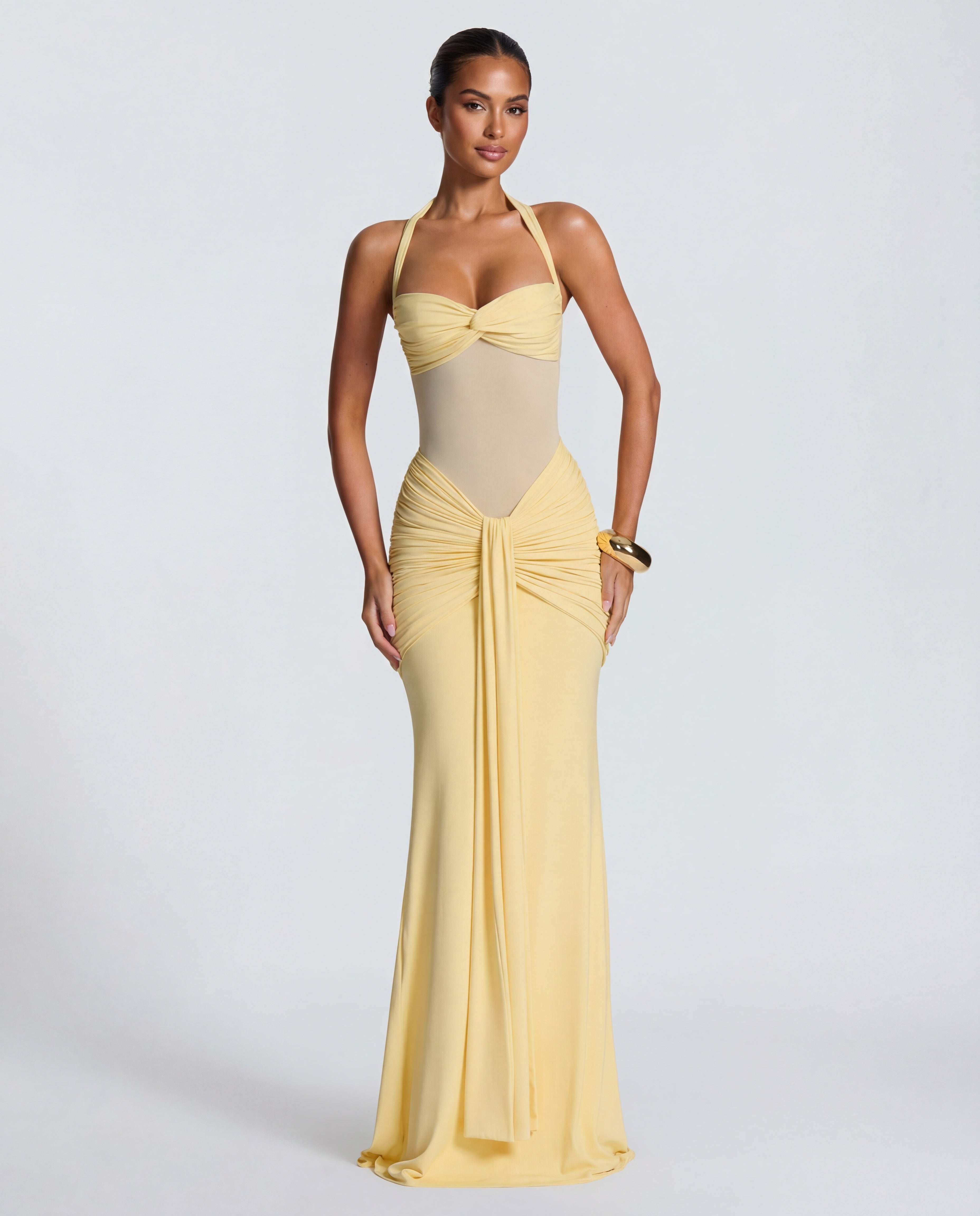 Yellow Halter Neck Ruched Maxi Dress | Elegant Summer Evening Wear