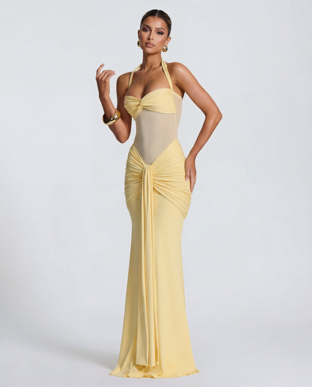 Yellow Halter Neck Ruched Maxi Dress | Elegant Summer Evening Wear