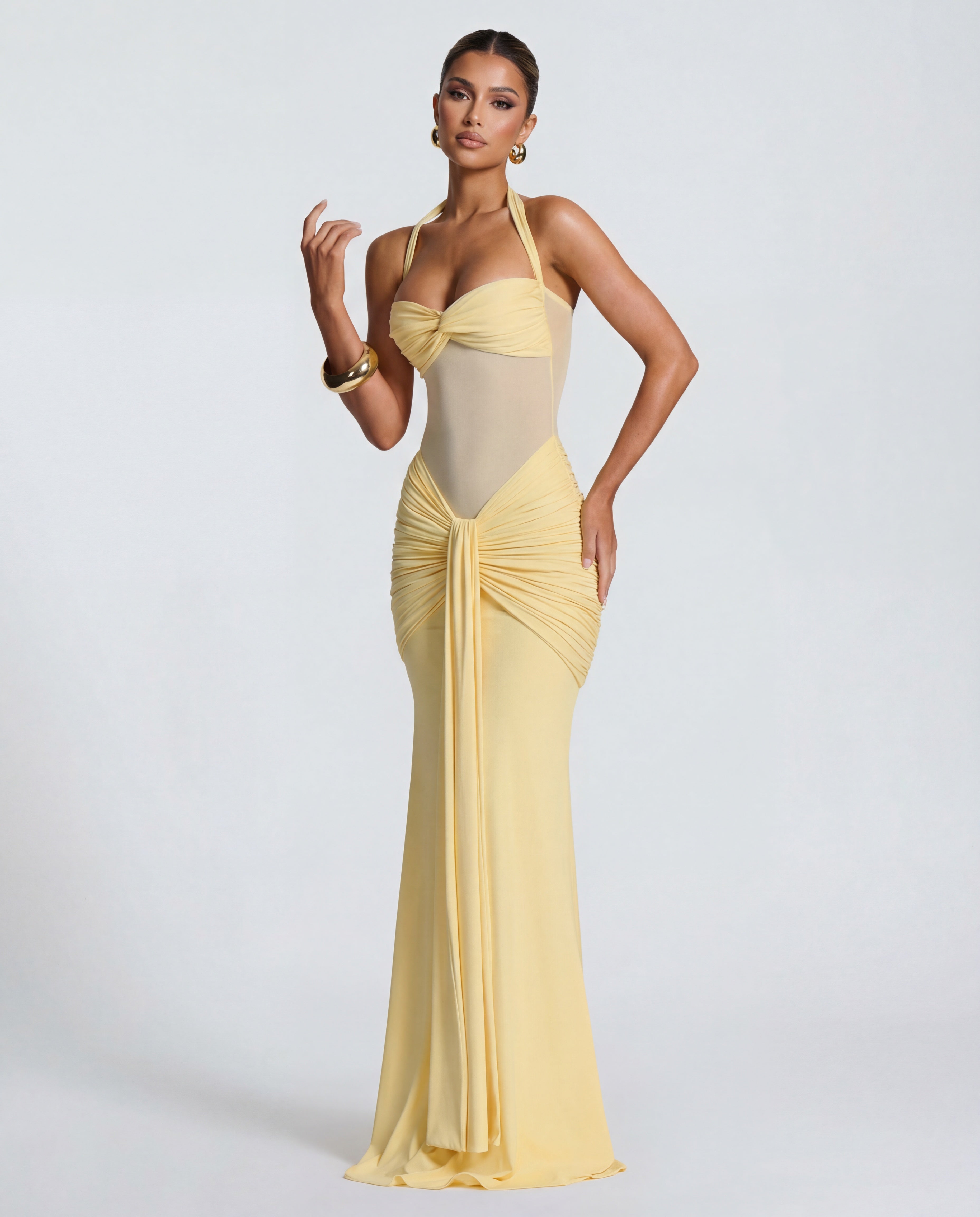 Yellow Halter Neck Ruched Maxi Dress | Elegant Summer Evening Wear