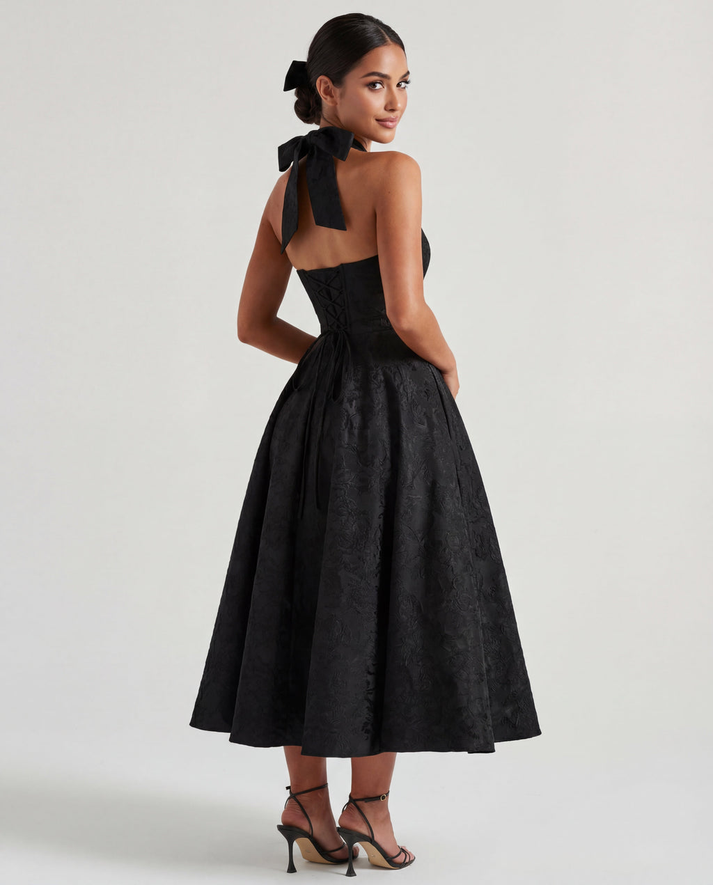 Halterneck Textured Jacquard Midi Dress for Evening Events