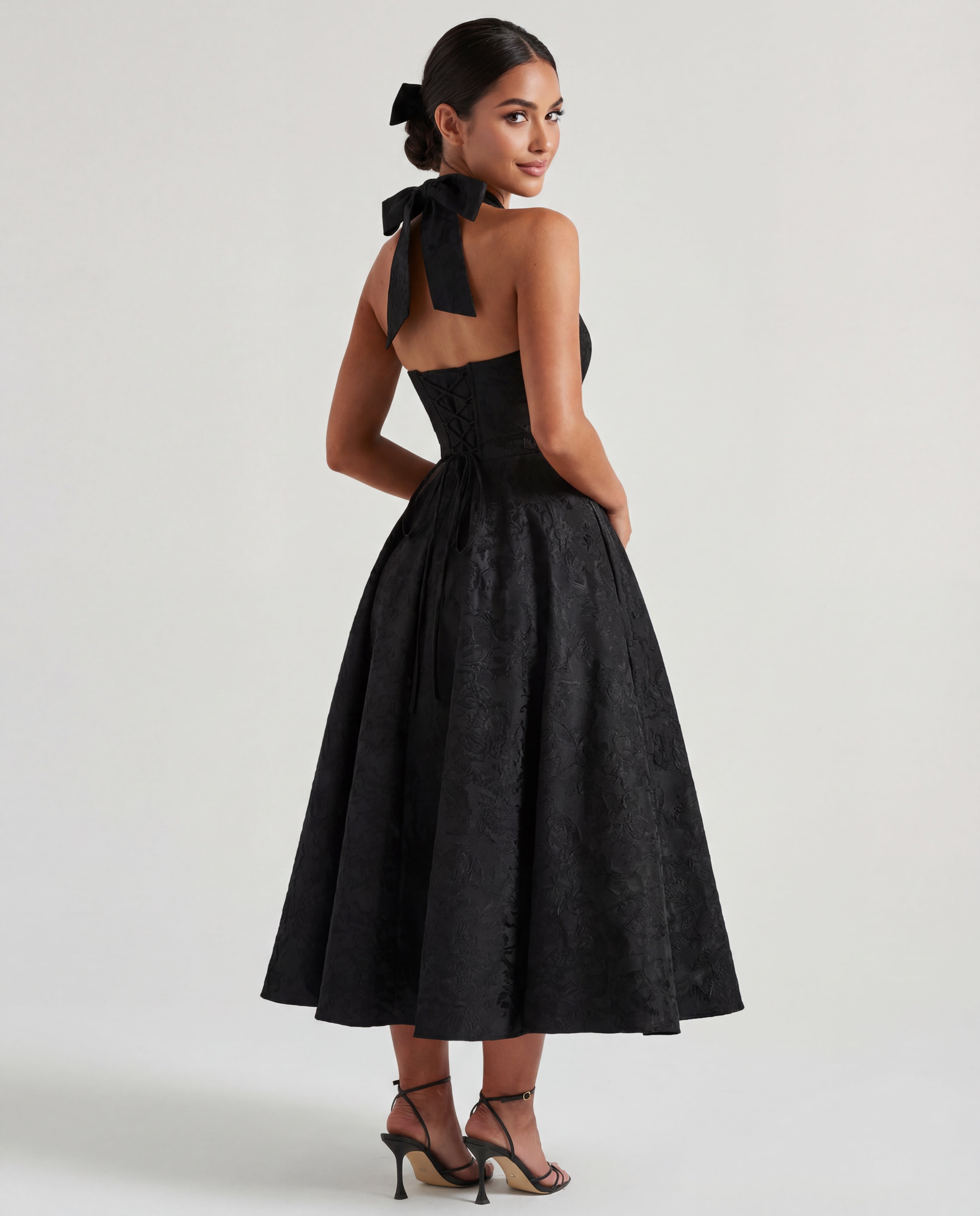 Halterneck Textured Jacquard Midi Dress for Evening Events