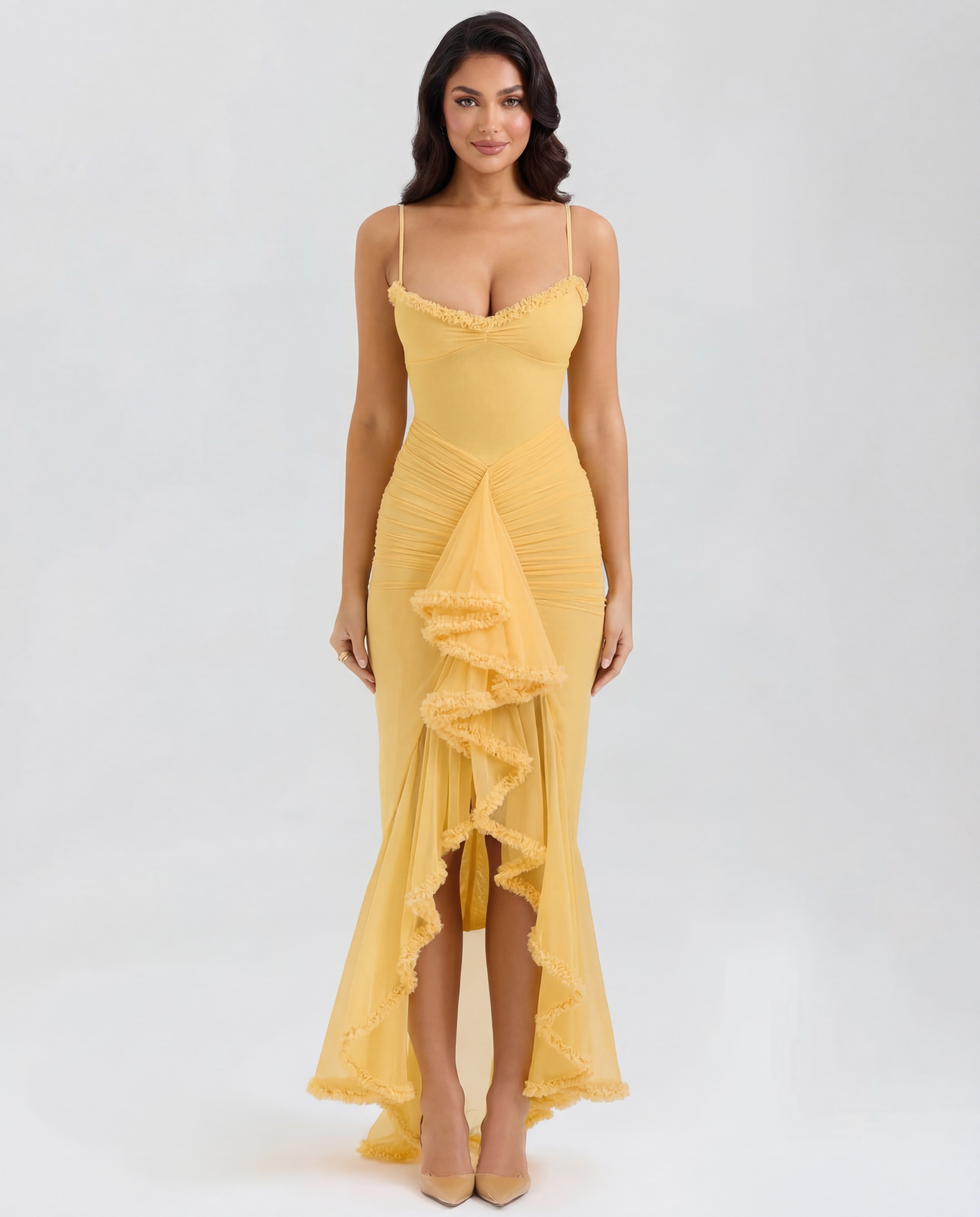 Cascading Ruffle Maxi Dress with Sweetheart Neckline - Elegant Evening Wear