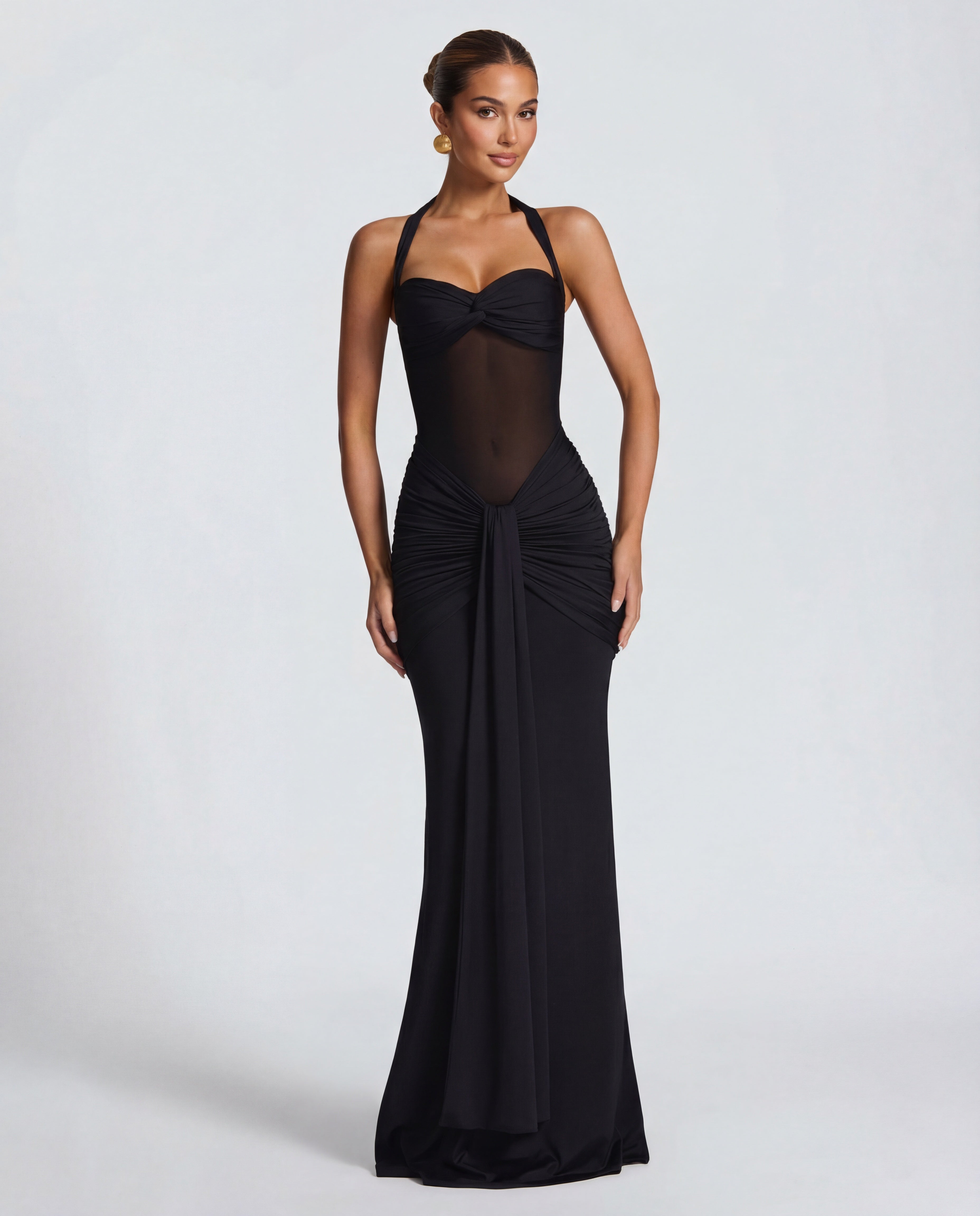 Yellow Halter Neck Ruched Maxi Dress | Elegant Summer Evening Wear