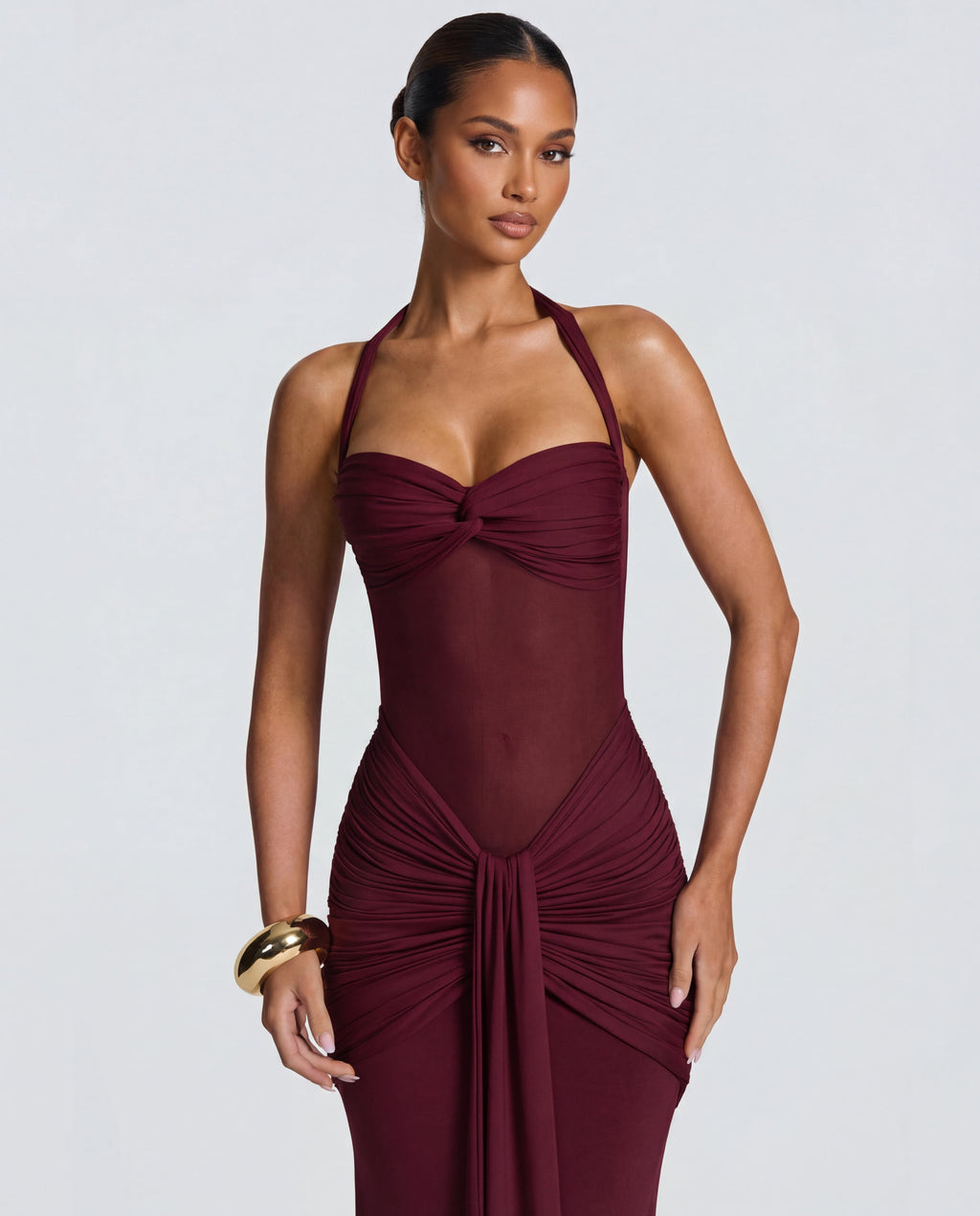 Yellow Halter Neck Ruched Maxi Dress | Elegant Summer Evening Wear