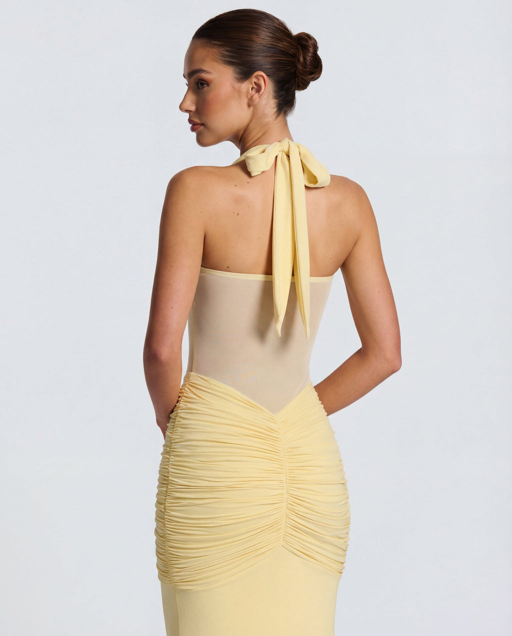 Yellow Halter Neck Ruched Maxi Dress | Elegant Summer Evening Wear
