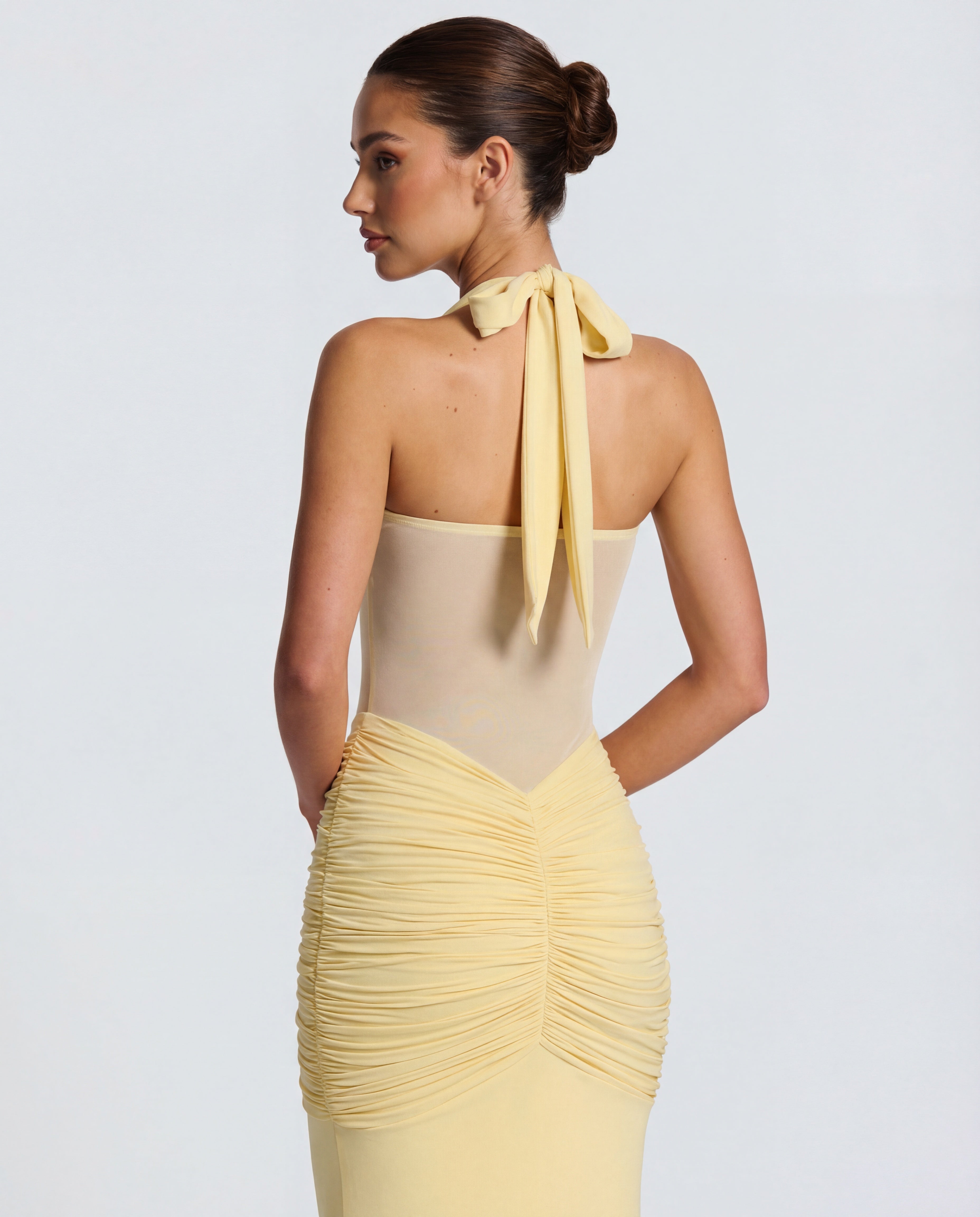 Yellow Halter Neck Ruched Maxi Dress | Elegant Summer Evening Wear