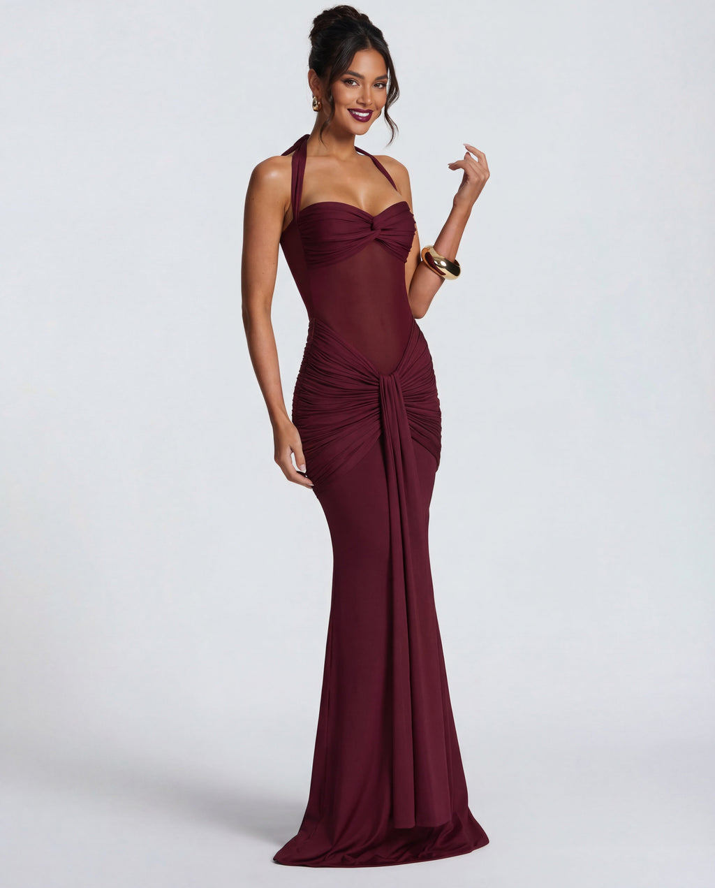 Yellow Halter Neck Ruched Maxi Dress | Elegant Summer Evening Wear