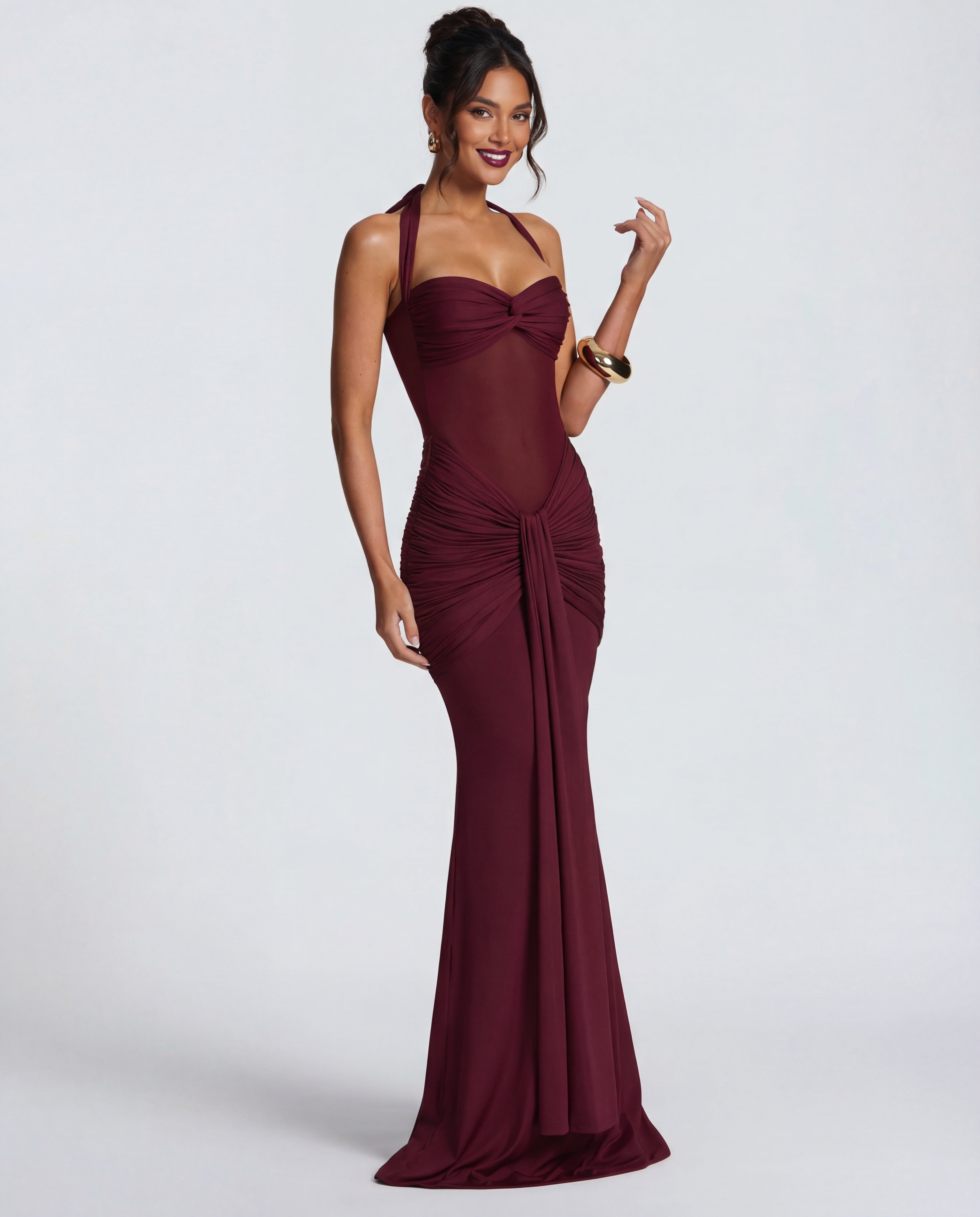 Yellow Halter Neck Ruched Maxi Dress | Elegant Summer Evening Wear