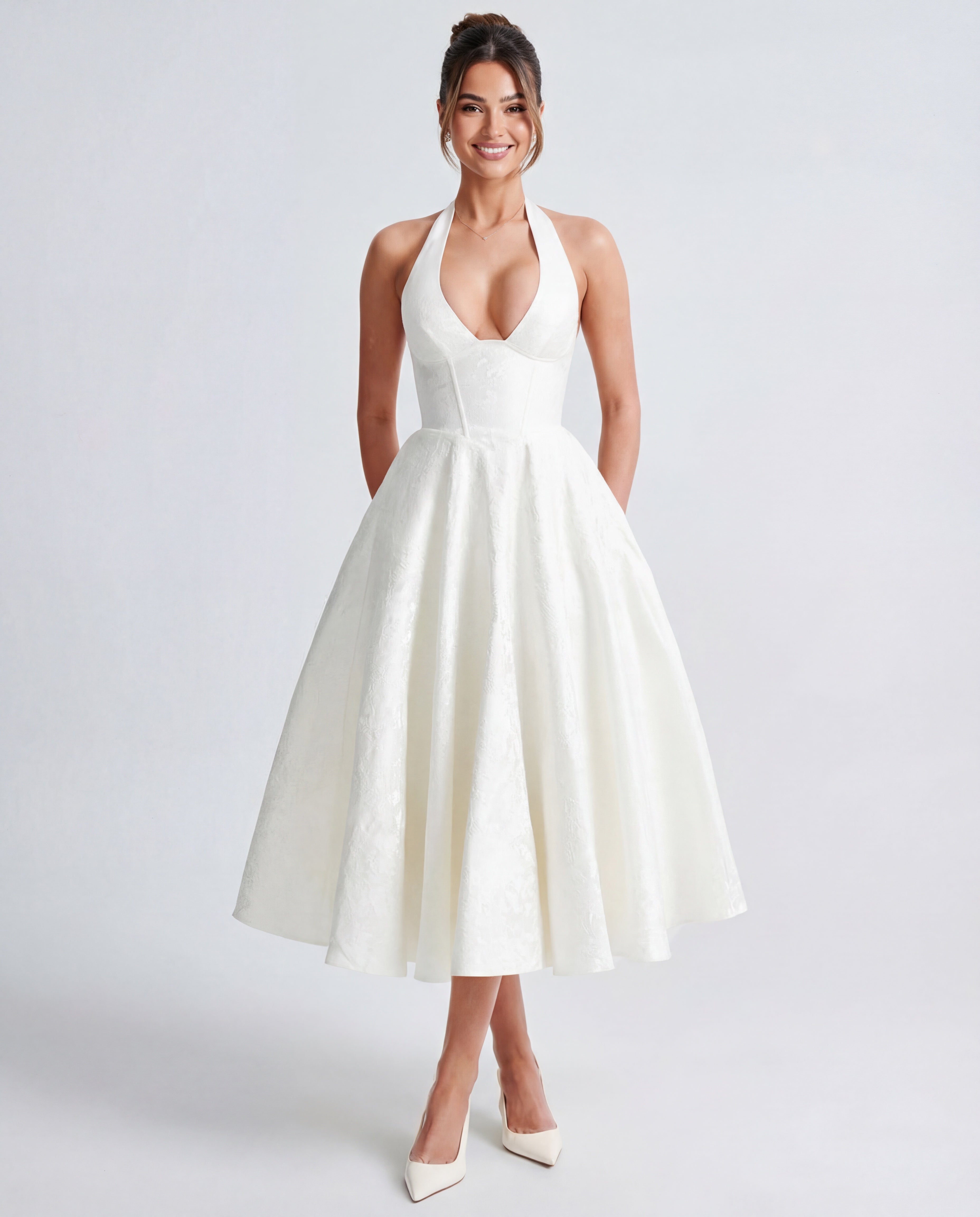 Halterneck Textured Jacquard Midi Dress for Evening Events