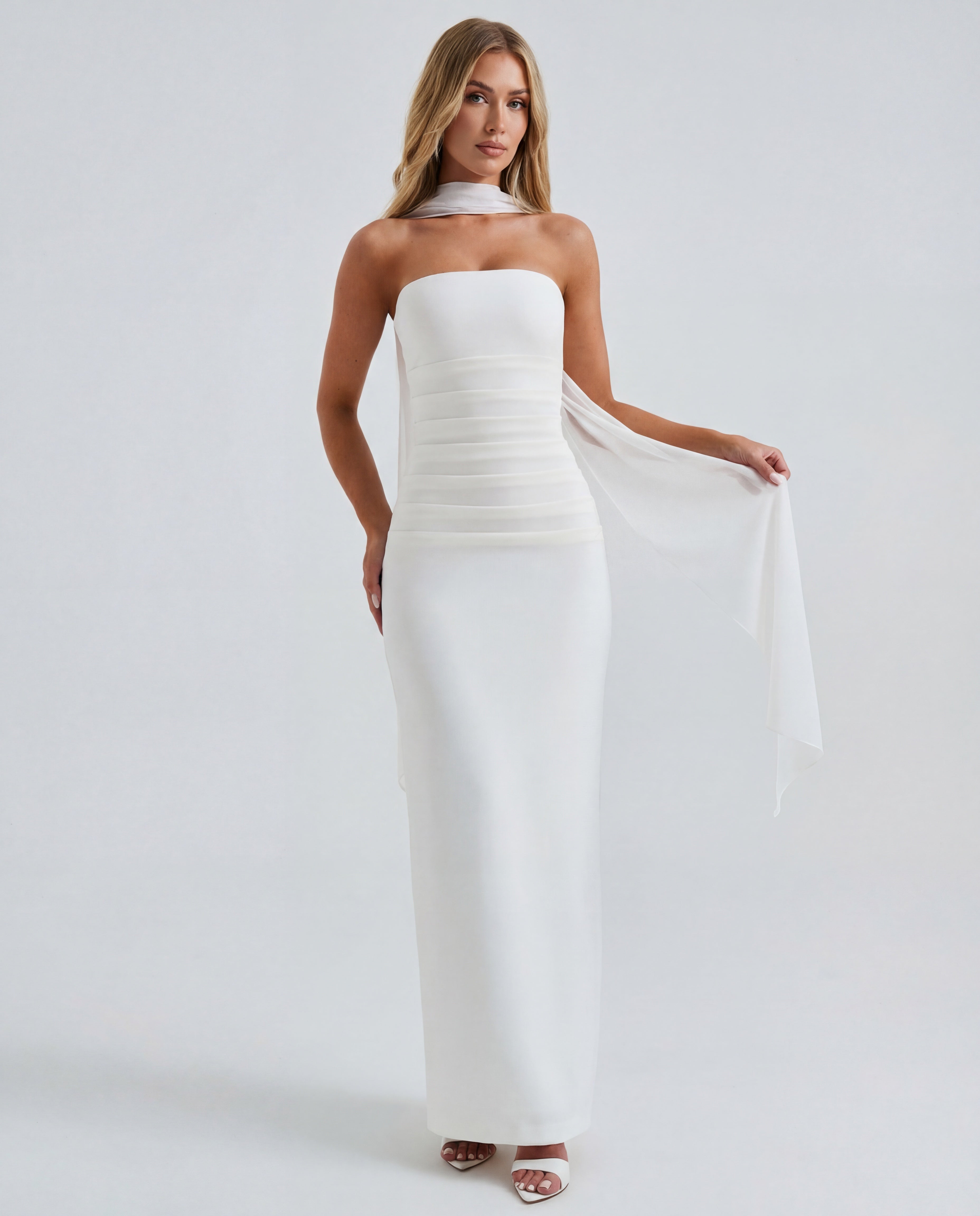 Strapless Maxi Dress with Removable Mesh Scarf - Sculpting Evening Wear