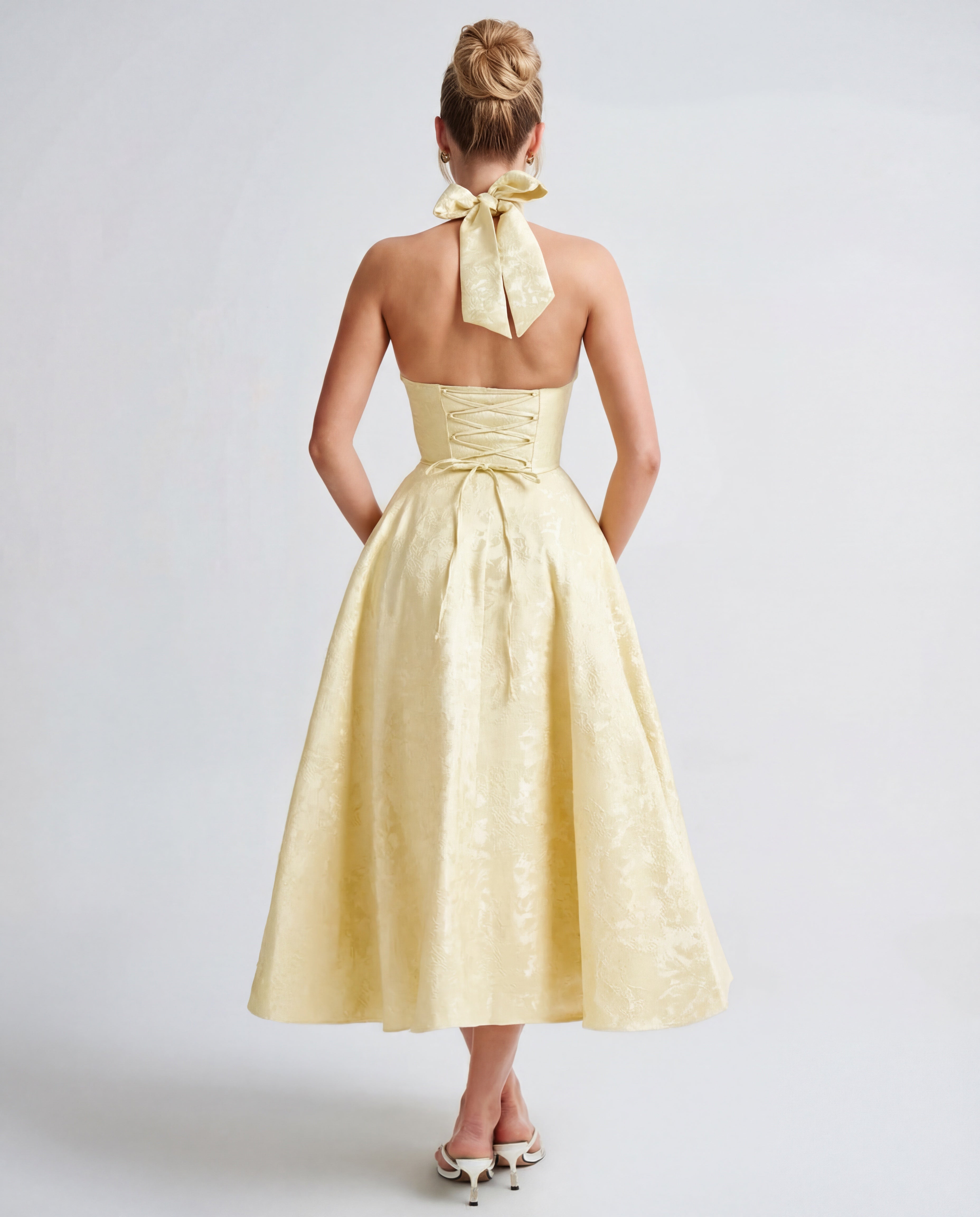 Halterneck Textured Jacquard Midi Dress for Evening Events