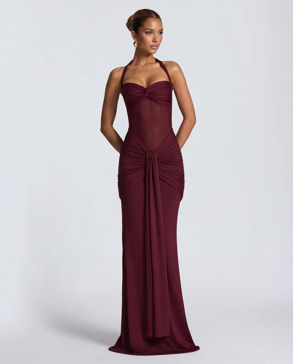Twisted Bust Sheer Mesh Maxi Dress - Elegant Evening Wear for Special Occasions